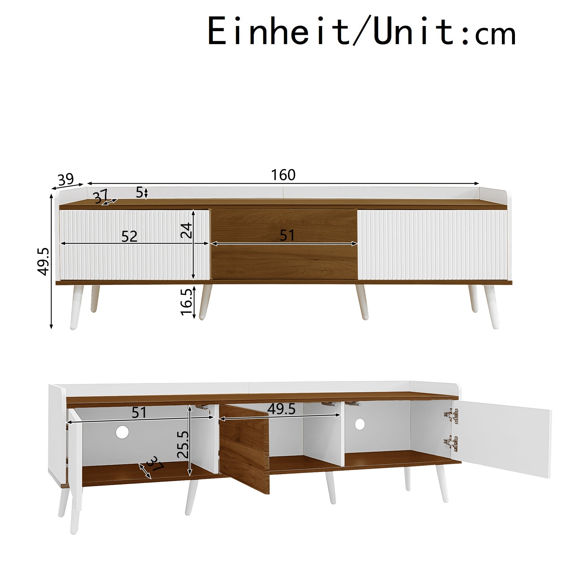 TV Cabinet, 3-Door Base, Compact Design, White and Natural Wood