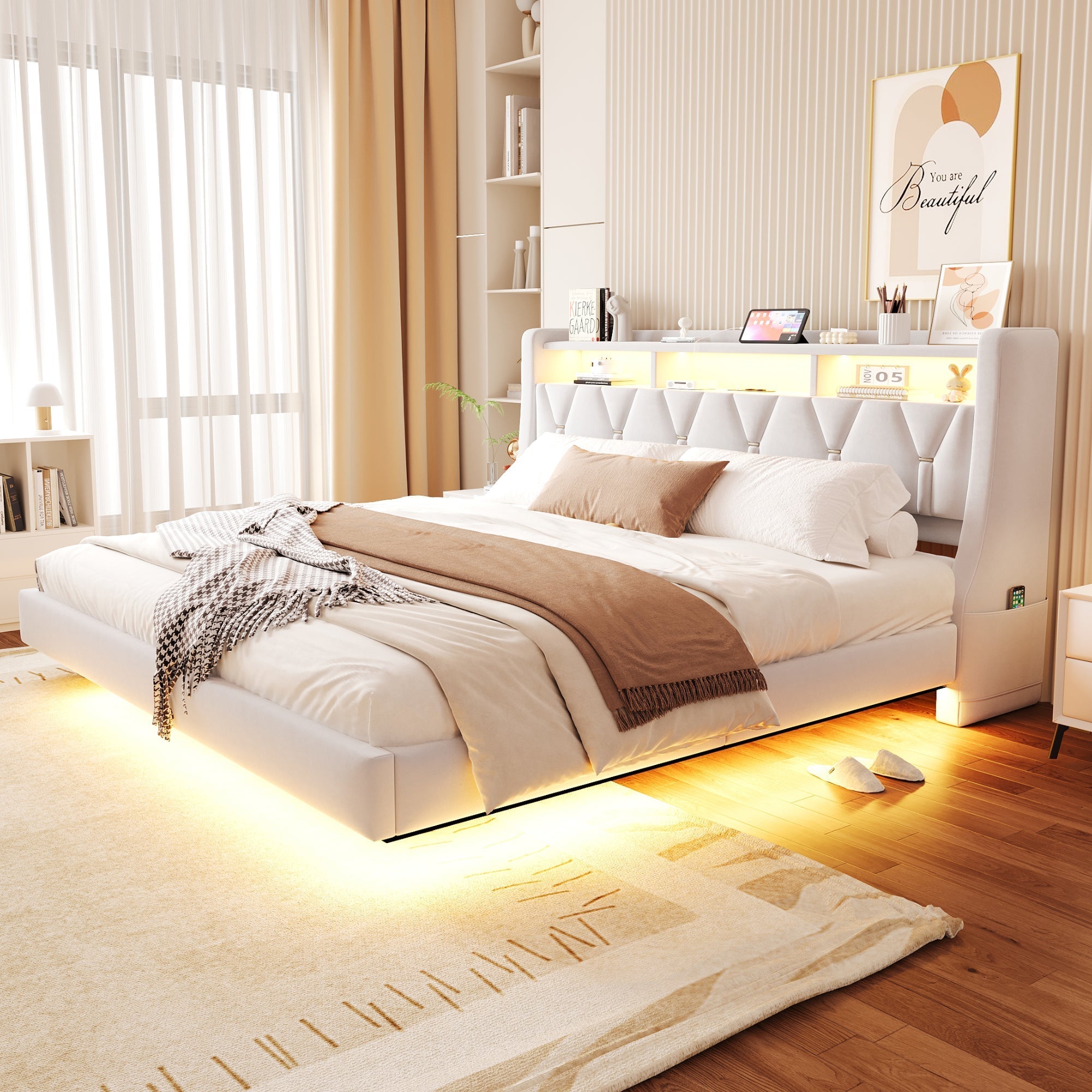 Upholstered Bed 180 x 200 cm with Storage Headboard, Charging Station and LED Lighting, Beige Velvet Fabric