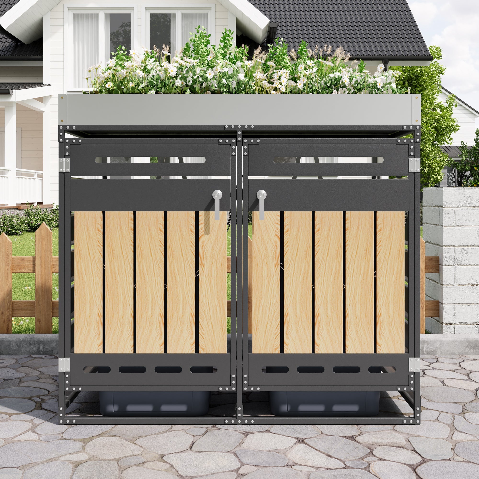 Outdoor Iron Bin Storage Cabinet with Planter Box, Slotted Ventilation and Lock, Wood Grain Panels