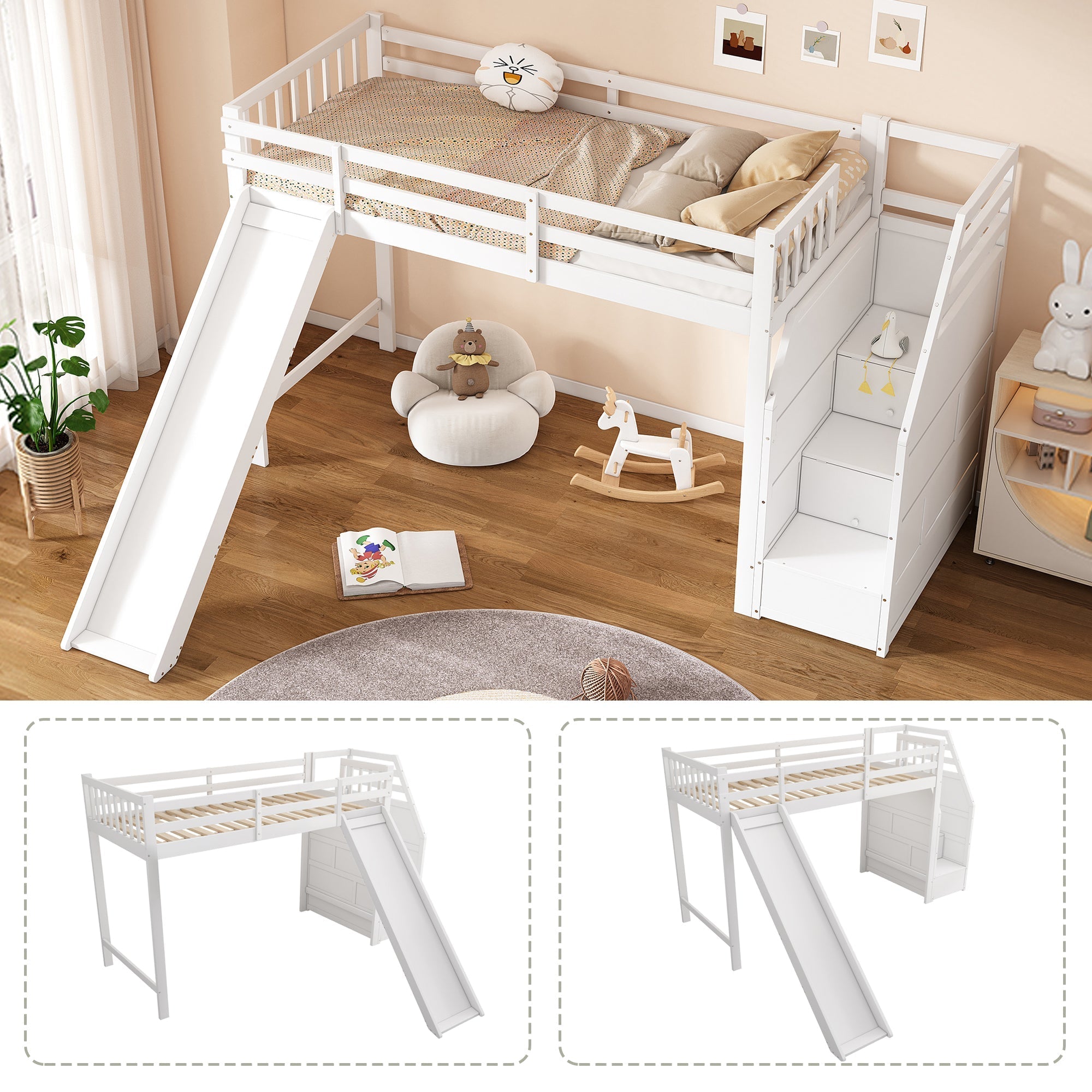 Bunk Bed 90x200cm Slide Removable Railing Storage Ladder - White
