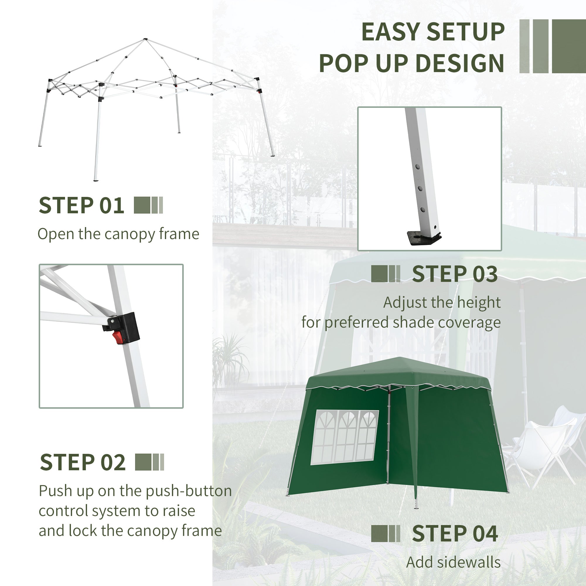Pop Up Gazebo 2.4x2.4m Two Wall Green