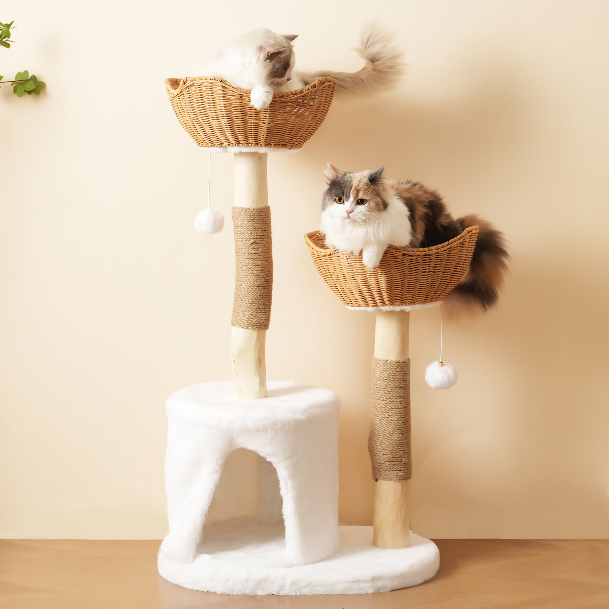 Solid Wood Cat Tree 108cm, Scratching Post 2 Baskets & Cave for Large Cats, Natural Wood & Sisal