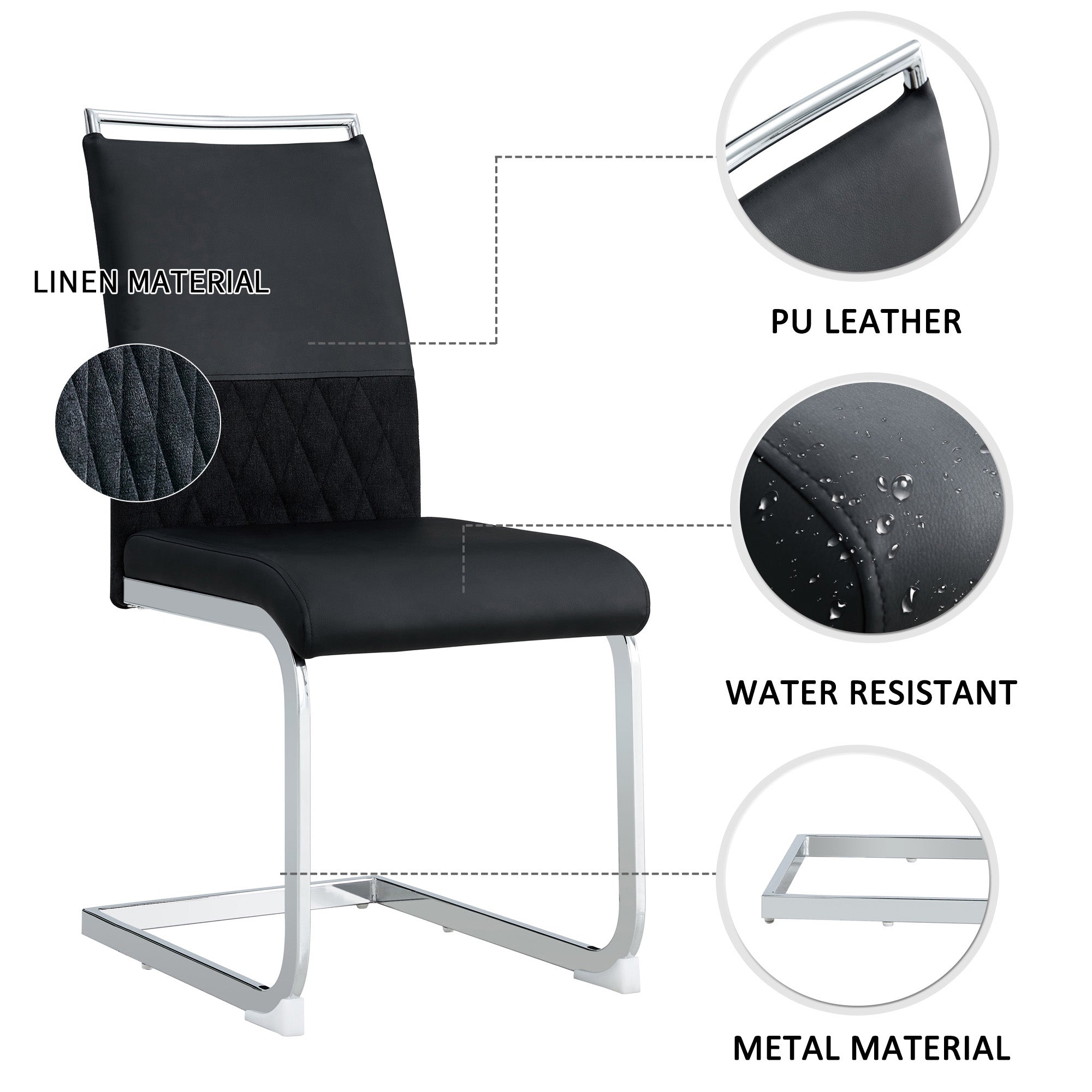 Modern dining chairs set of 2, high back padded side chair with horizontal stripes backrest design, black PU faux leather and linen