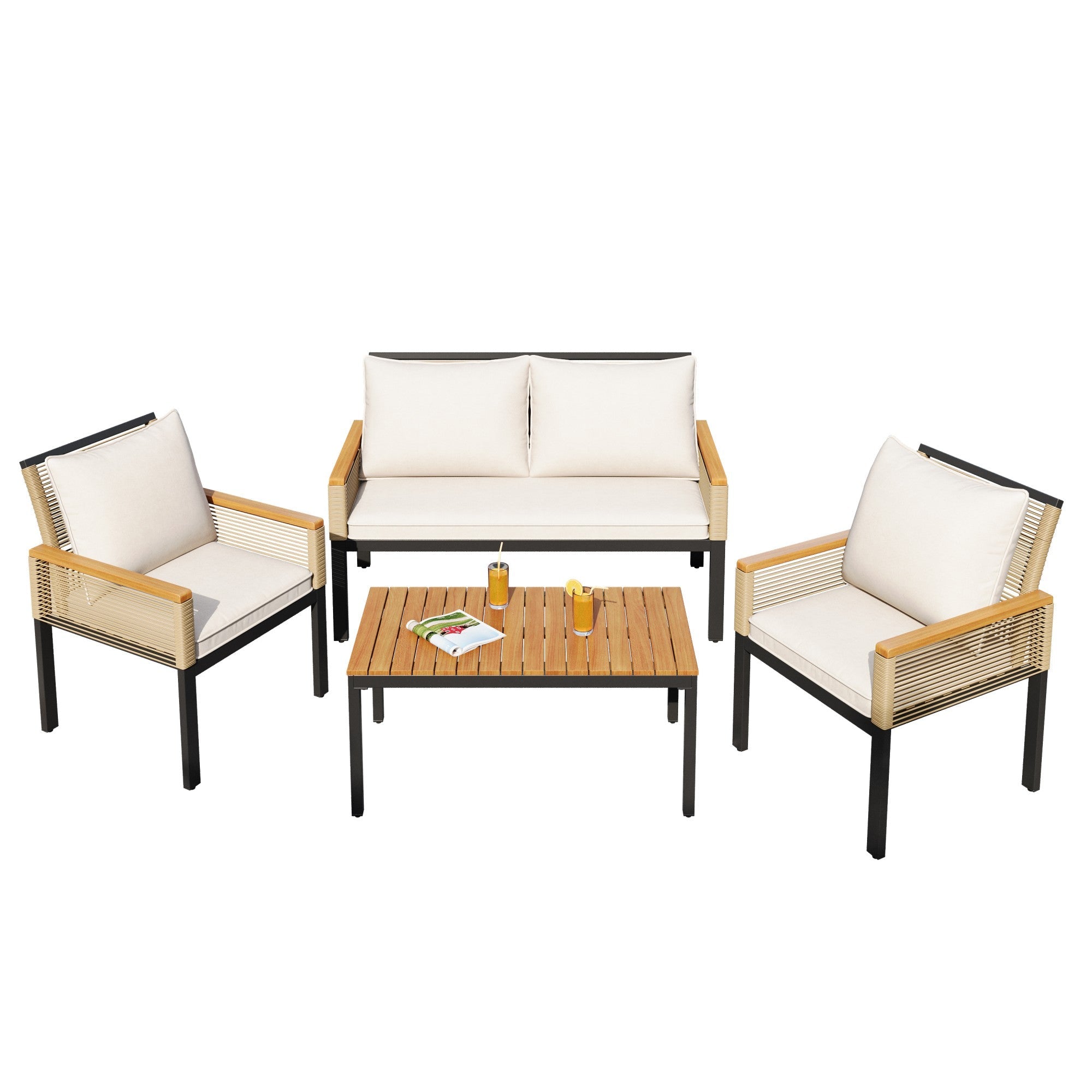 Garden Lounge Set with Double Sofa and 2 Armchairs, Rattan Beige