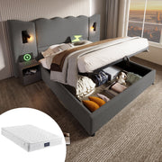 Upholstered Double Bed 160x200, Reading Lamp & USB-C, Storage, Solid Wood & Metal, Grey Linen