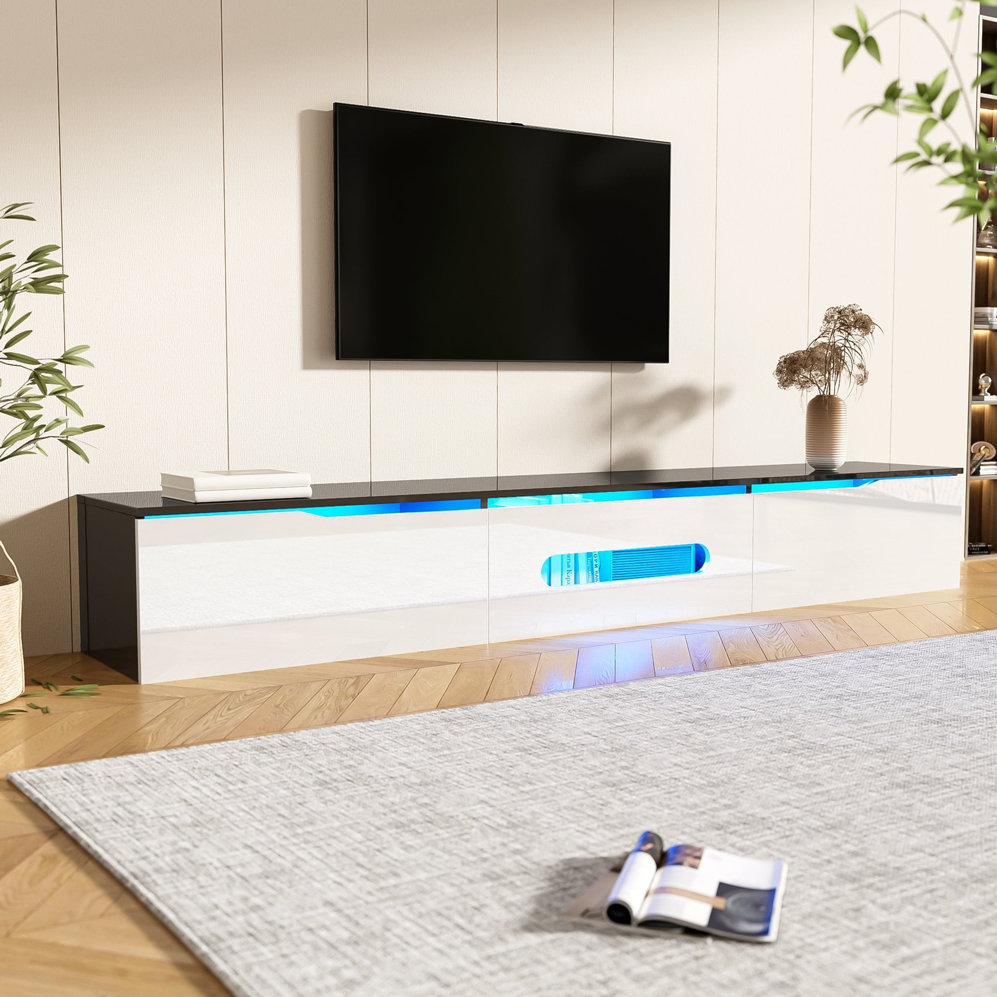 Black and White TV Cabinet, 180cm Long LED High-Gloss, Wall-Mountable