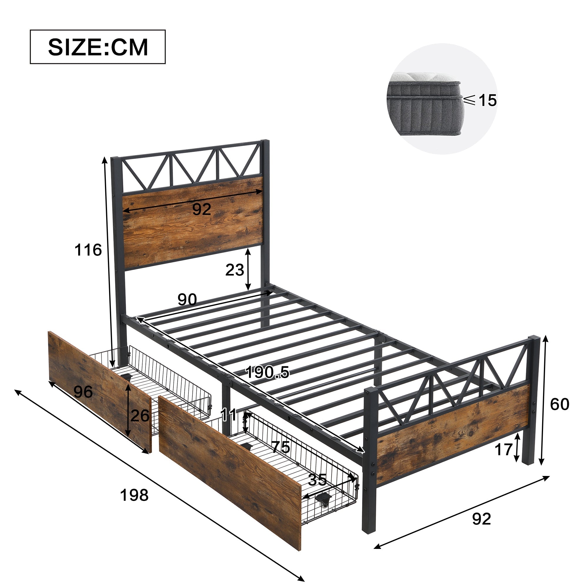 Metal Bed, 3FT Single with 2 Drawers, Black+Wood Color