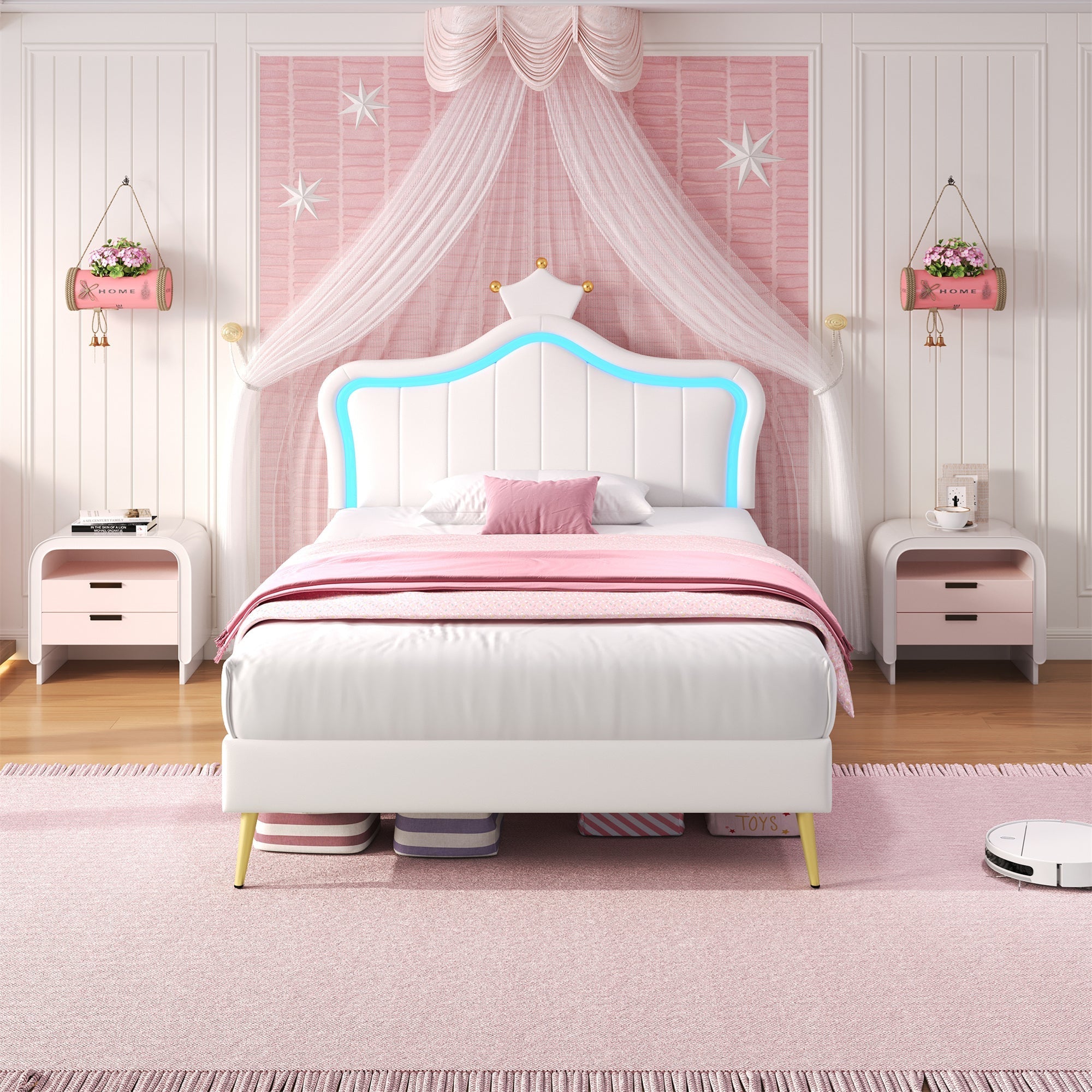 3ft Single Upholstered Bed with LED Adjustable Crown Shape Headboard, Cream White PU Leather