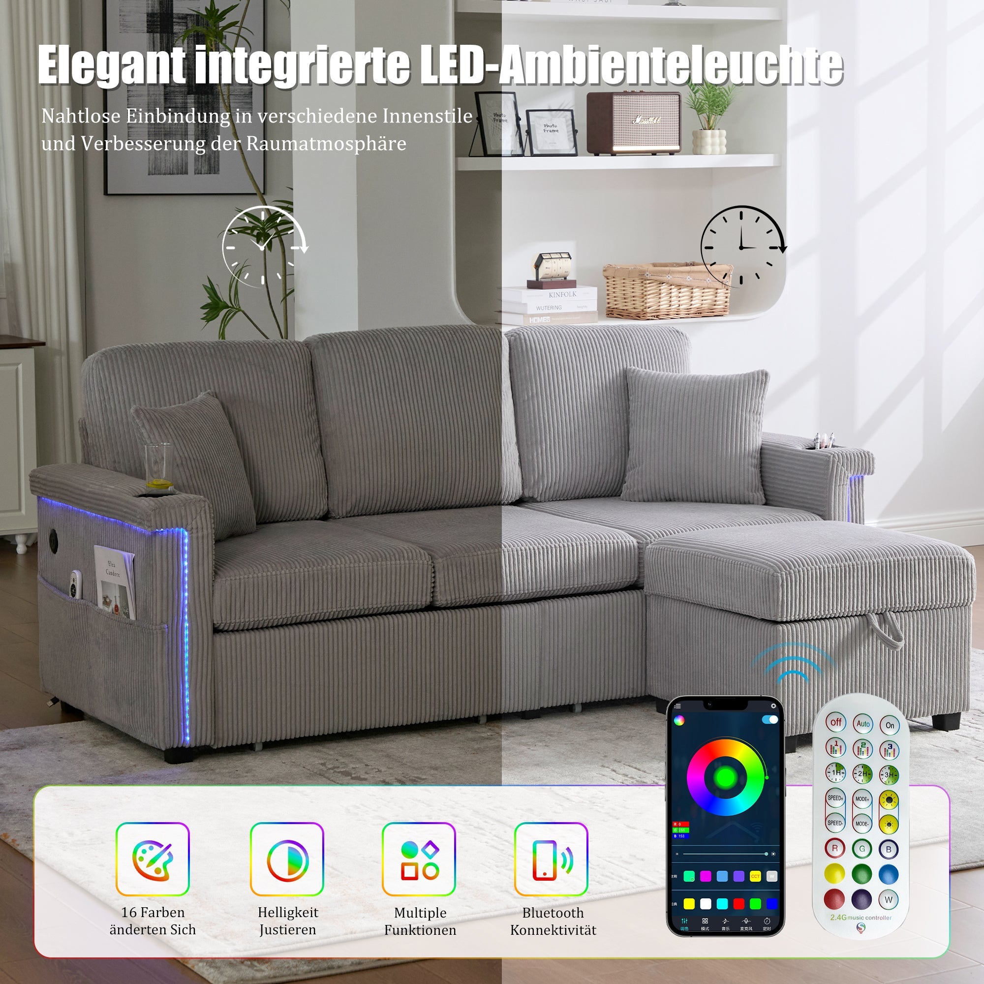 Velvet Sofa, LED, USB-C, Storage Ottoman, Cup Holders, Side Pockets - Light Gray