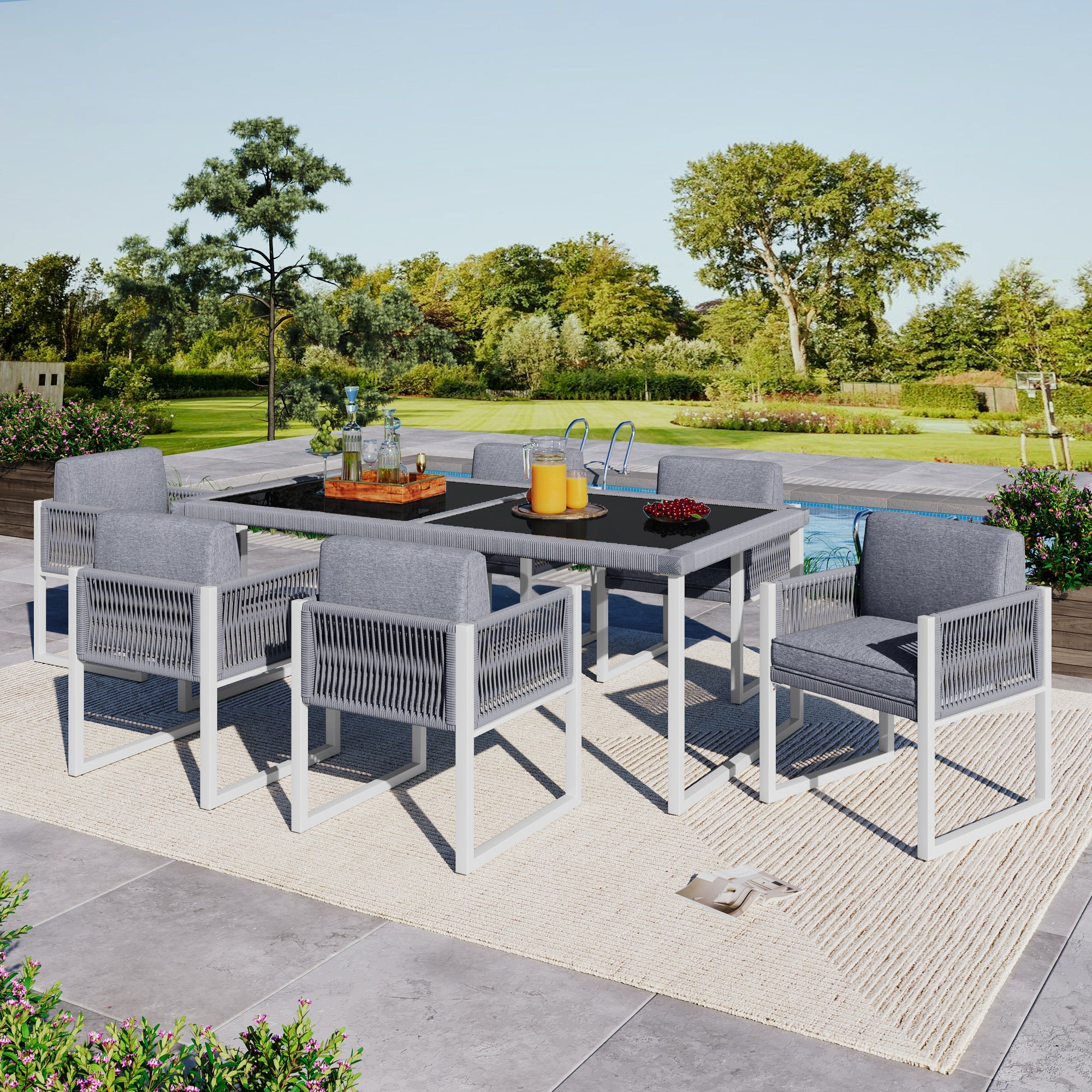 Rope Dining Set, 6-Person Garden Armchairs Removable Washable Cover, Fabric