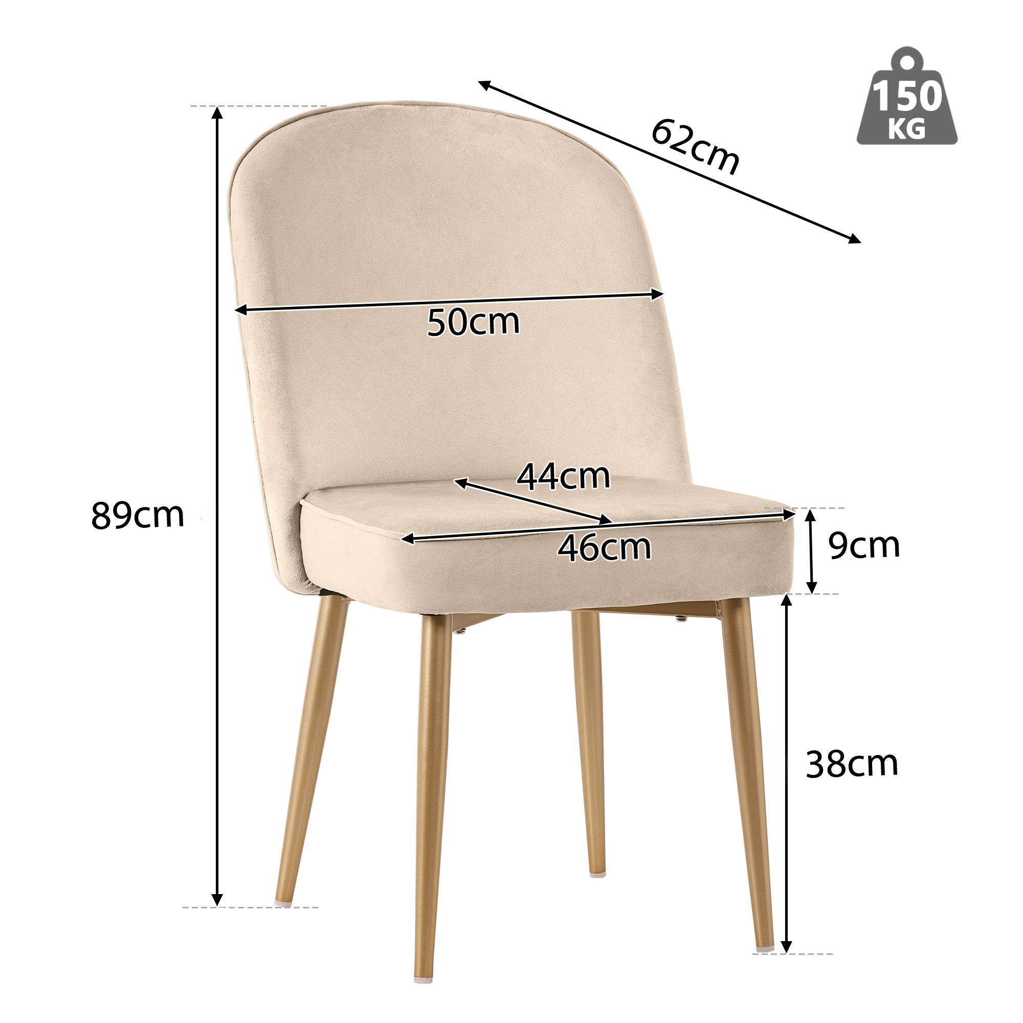 Dining Chairs, Modern Velvet with Golden Metal Legs, Beige (Set of 4)