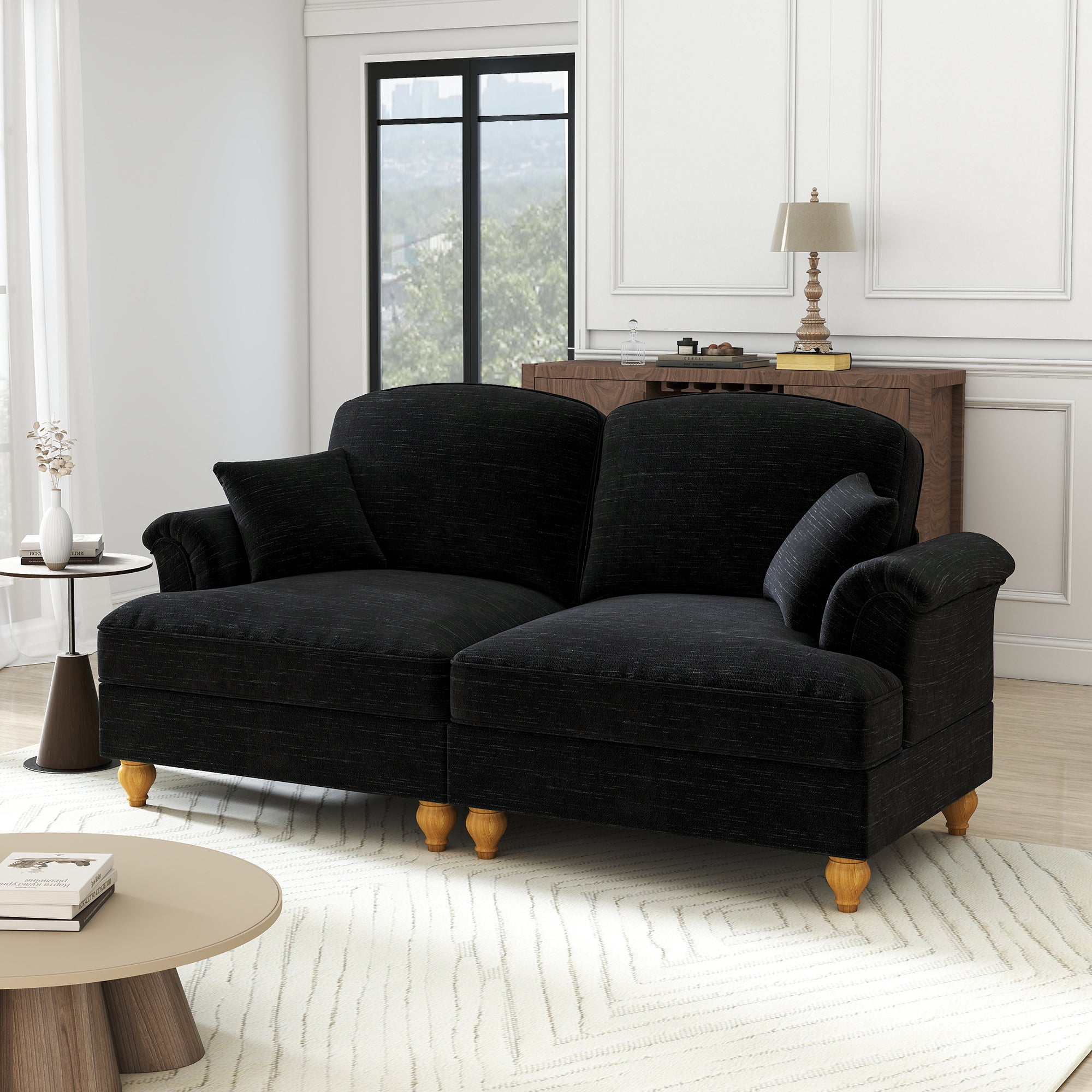 2-Seater Sofa Mid-Century Modern Flared Arms Chenille - Black