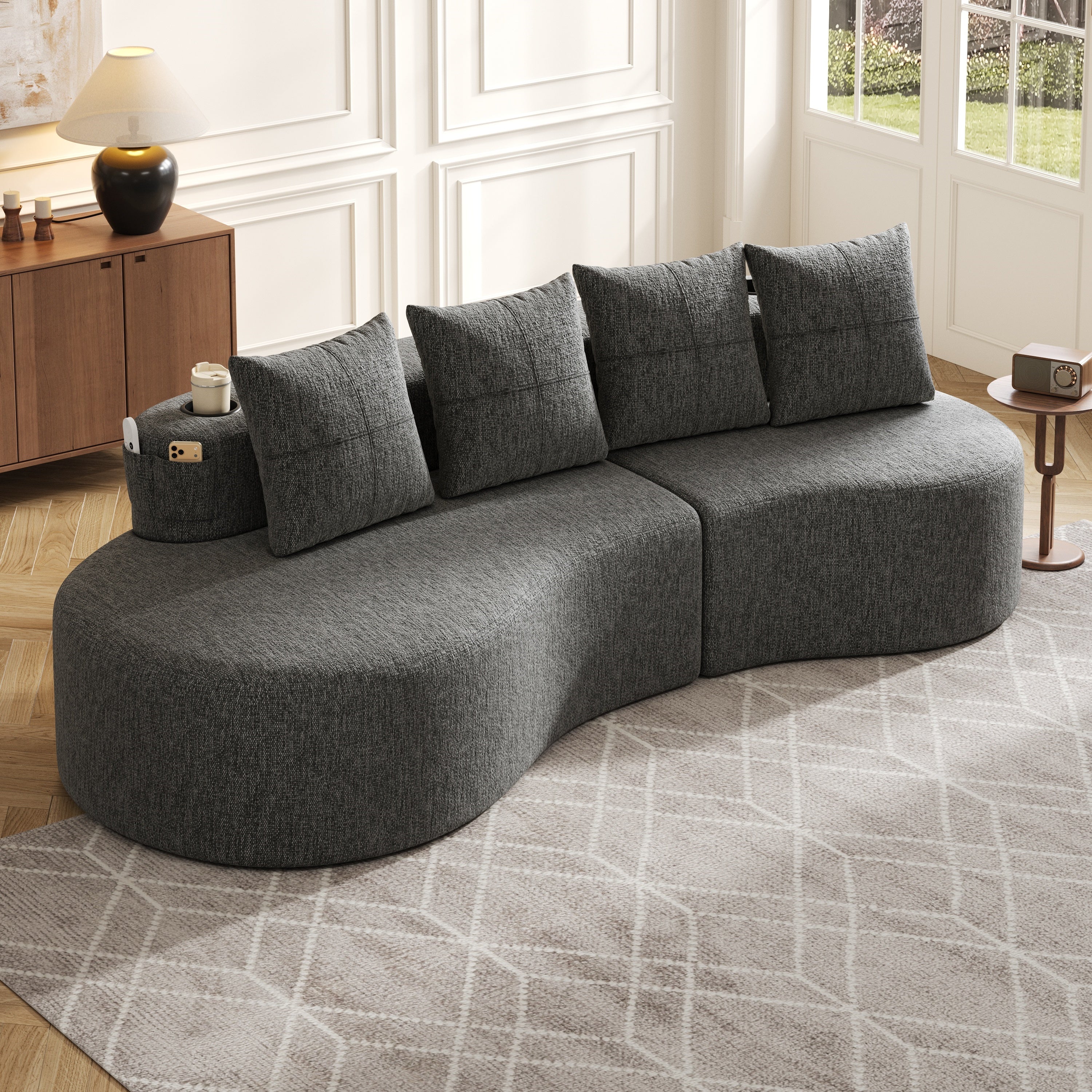 Linen Sofa with 4 Cushions, Cup Holder and Side Pocket, Dark Grey