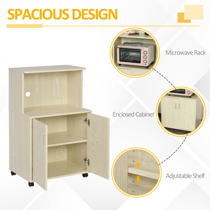 Kitchen Storage Unit, Microwave Stand Trolley Cabinet with Locking Wheels, Oak Tone