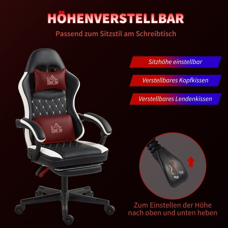 Gaming Chair with Footrest, Headrest & Cushion, Swivel, Adjustable Height Faux Leather Black and White