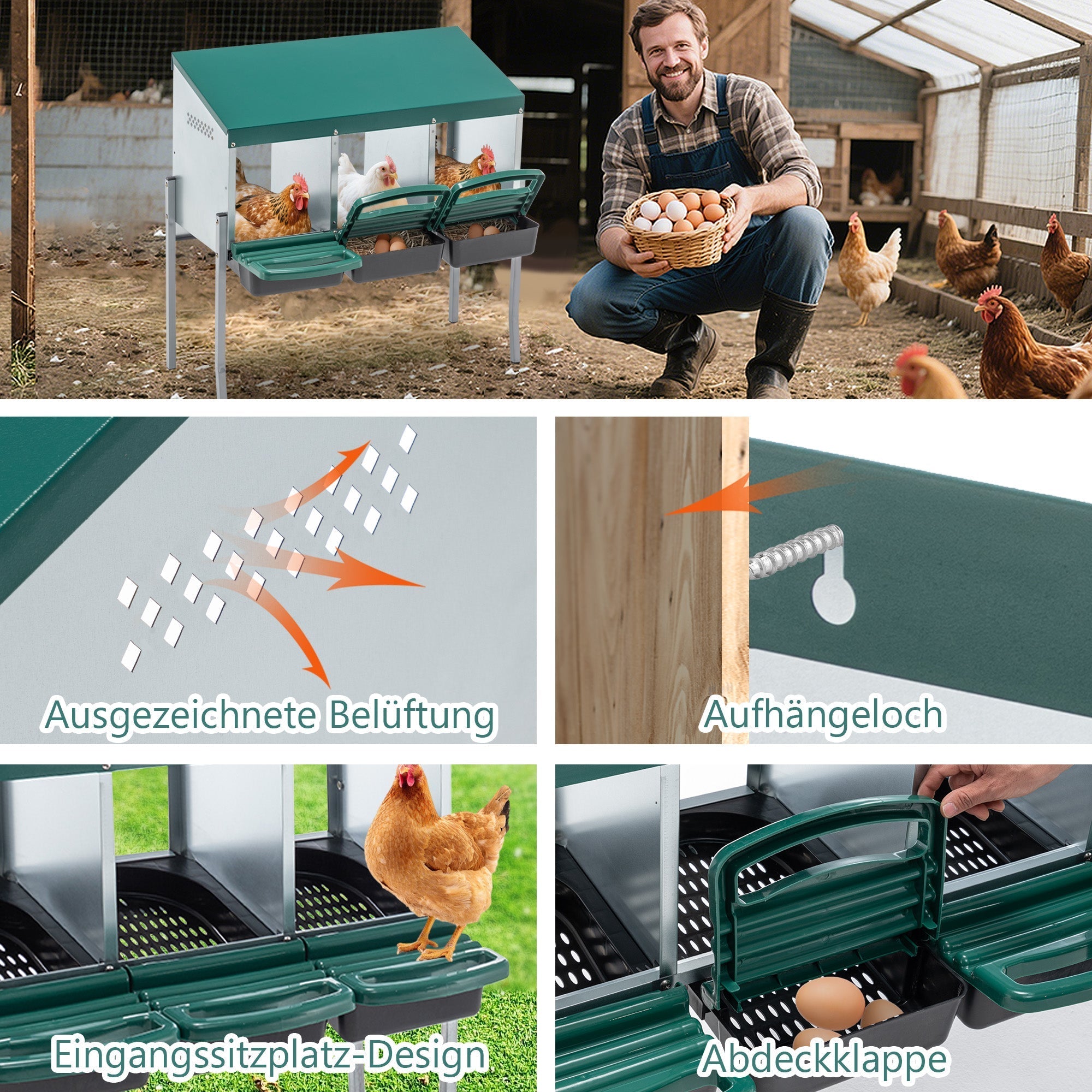 Chicken Nesting Boxes with 3 Holes, Legs and Outdoor Cover, Green