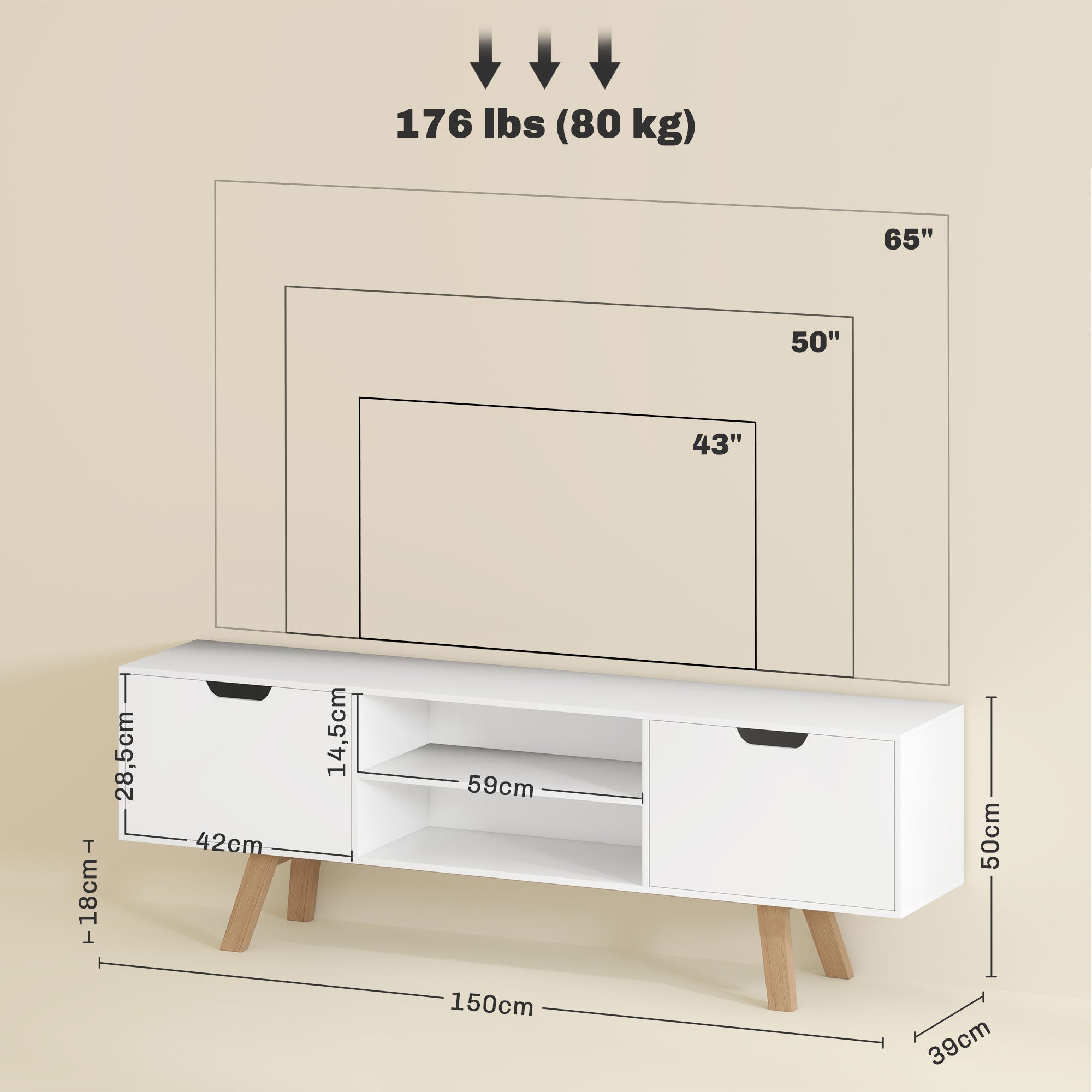 TV Cabinet, 65 inch TV Stand with Shelves, White