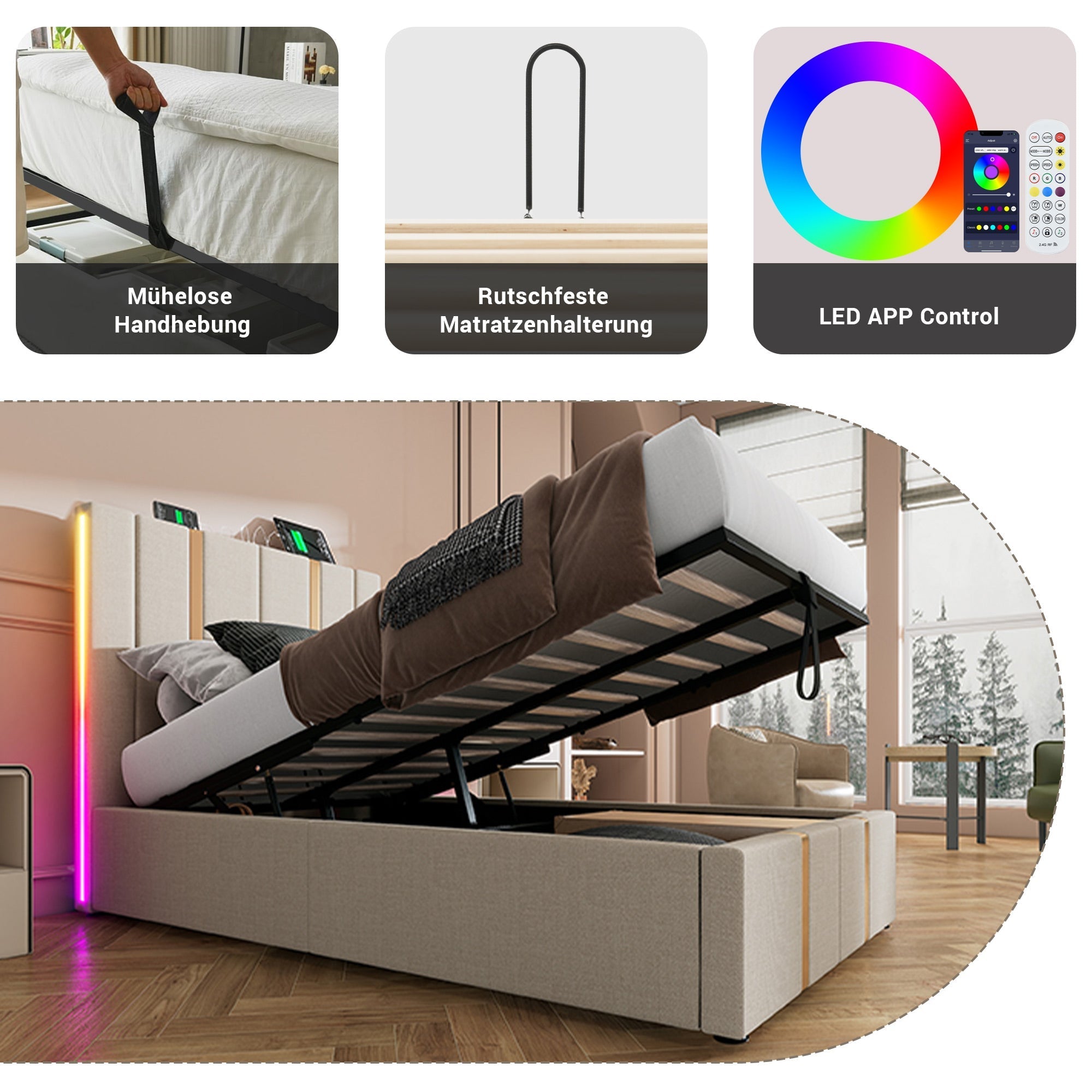 Upholstered Bed, USB-C LED Single with Storage, Beige Linen