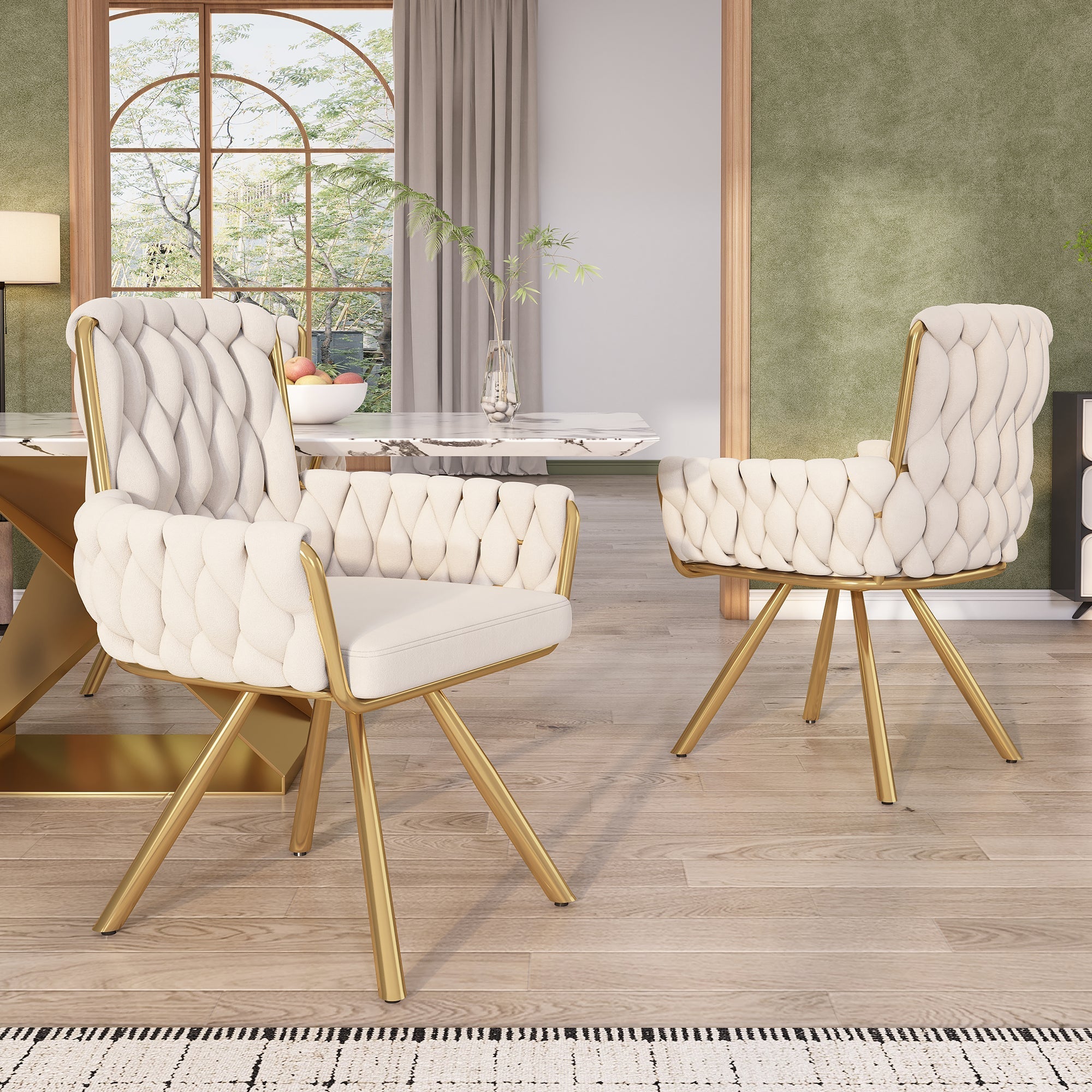 Velvet Dining Chair Set of 4, Luxury Swivel Armchair with Metal Legs, Beige Velvet