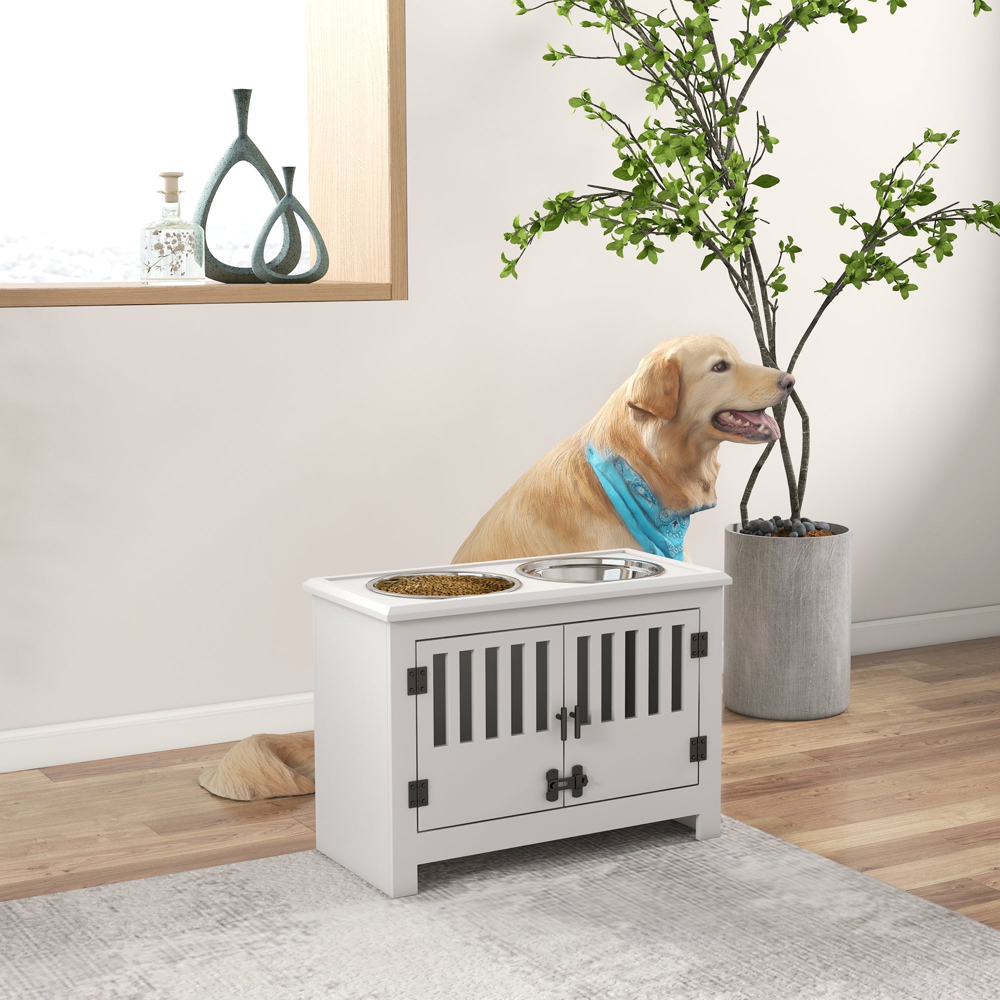 Elevated Pet Feeder, 2L Bowl, Storage, Lock, White