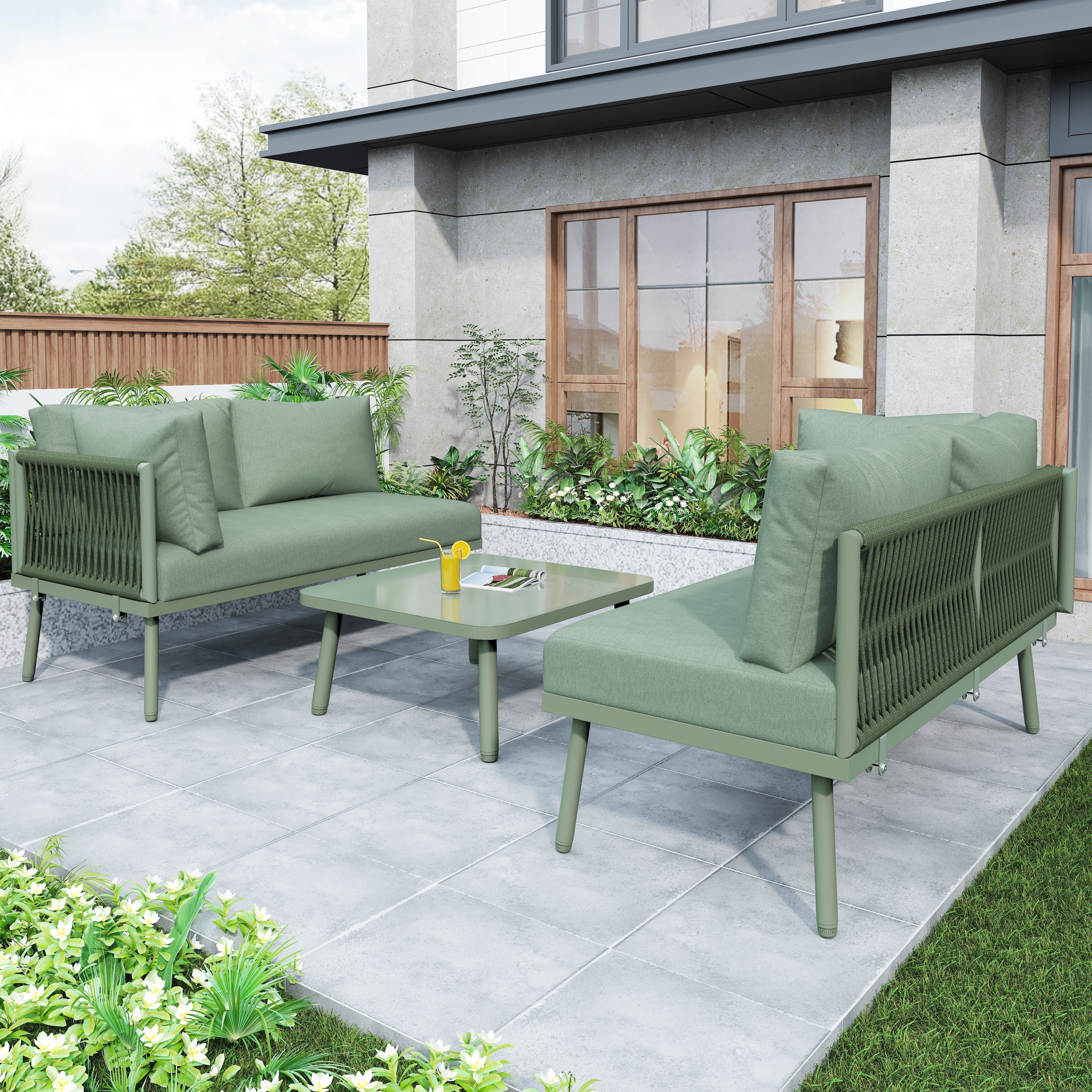 Outdoor Patio Furniture Garden Lounge Set 4-5 Person L-Shaped Corner Sofa Glass Coffee Table Green