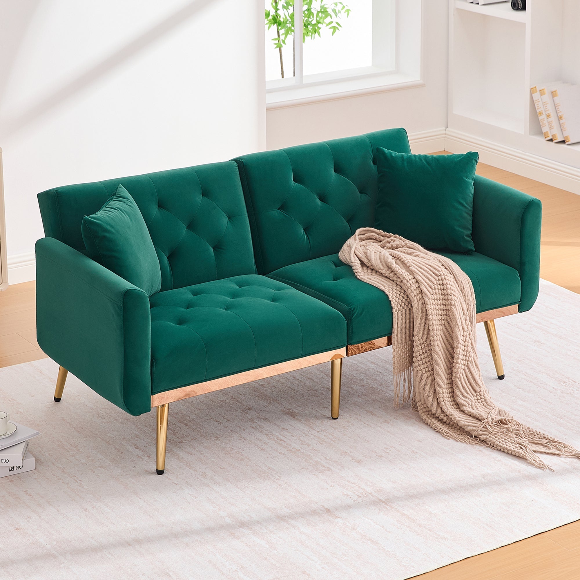 Two-Seater Sofa, Adjustable Backrest Sofa Bed with Metal Legs, Emerald Velvet