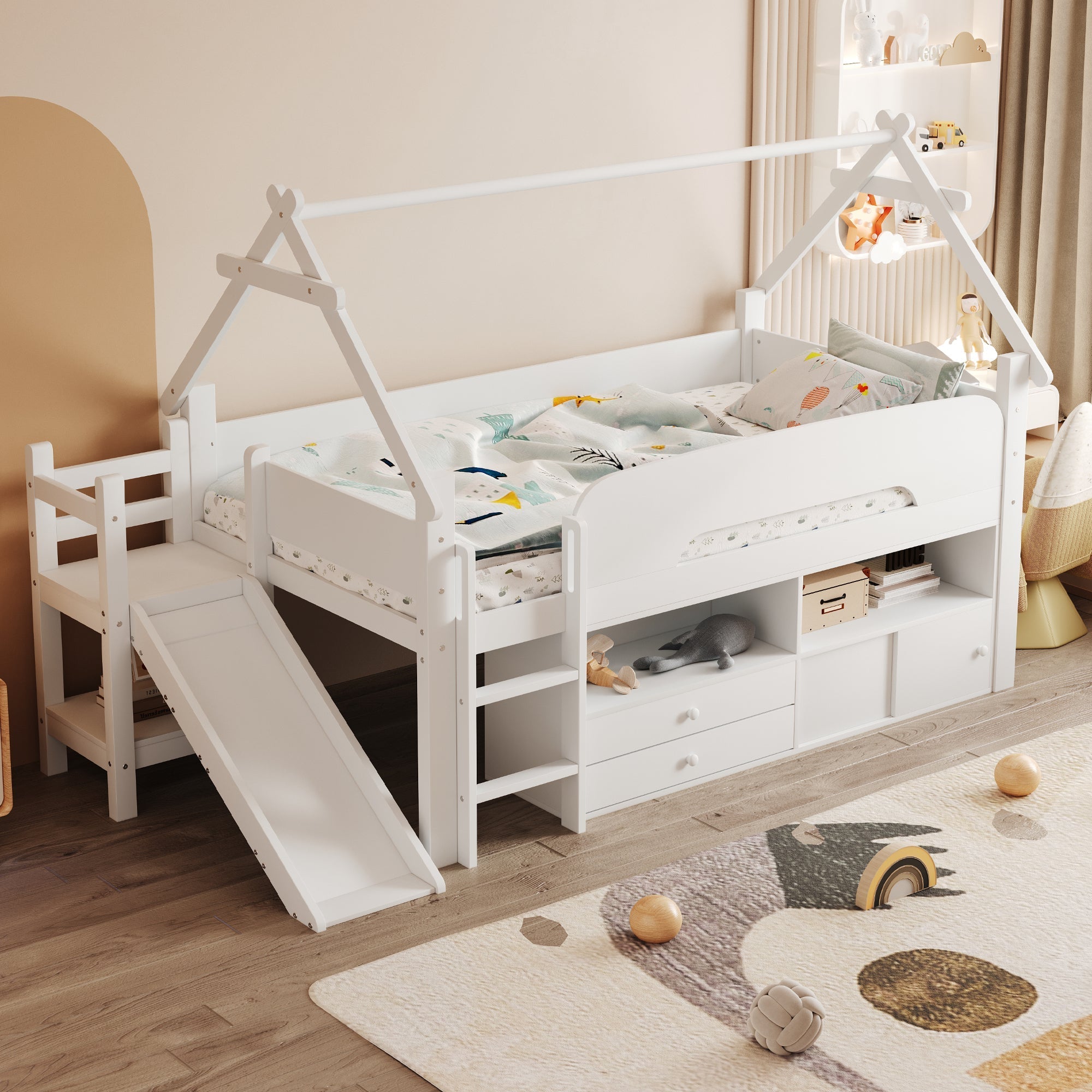 Children's Loft Bed with Roof Frame, Slide, and Storage, White Solid Wood