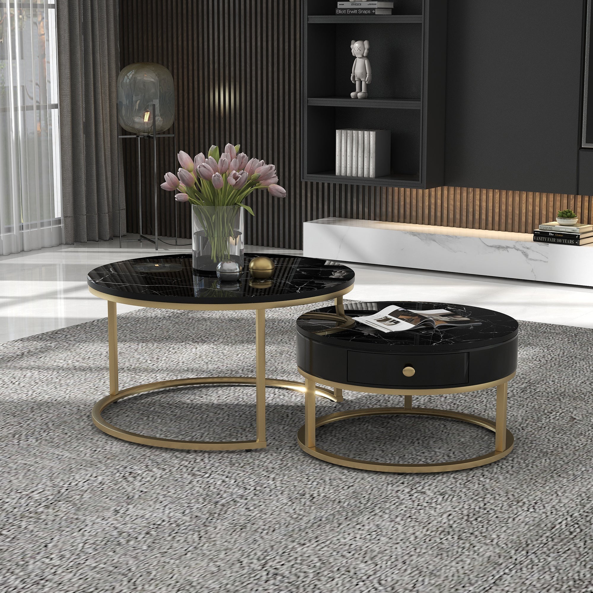Modern Nesting Coffee Table, Set of 2 Round Side Tables with High Gloss Marble Pattern, Black MDF