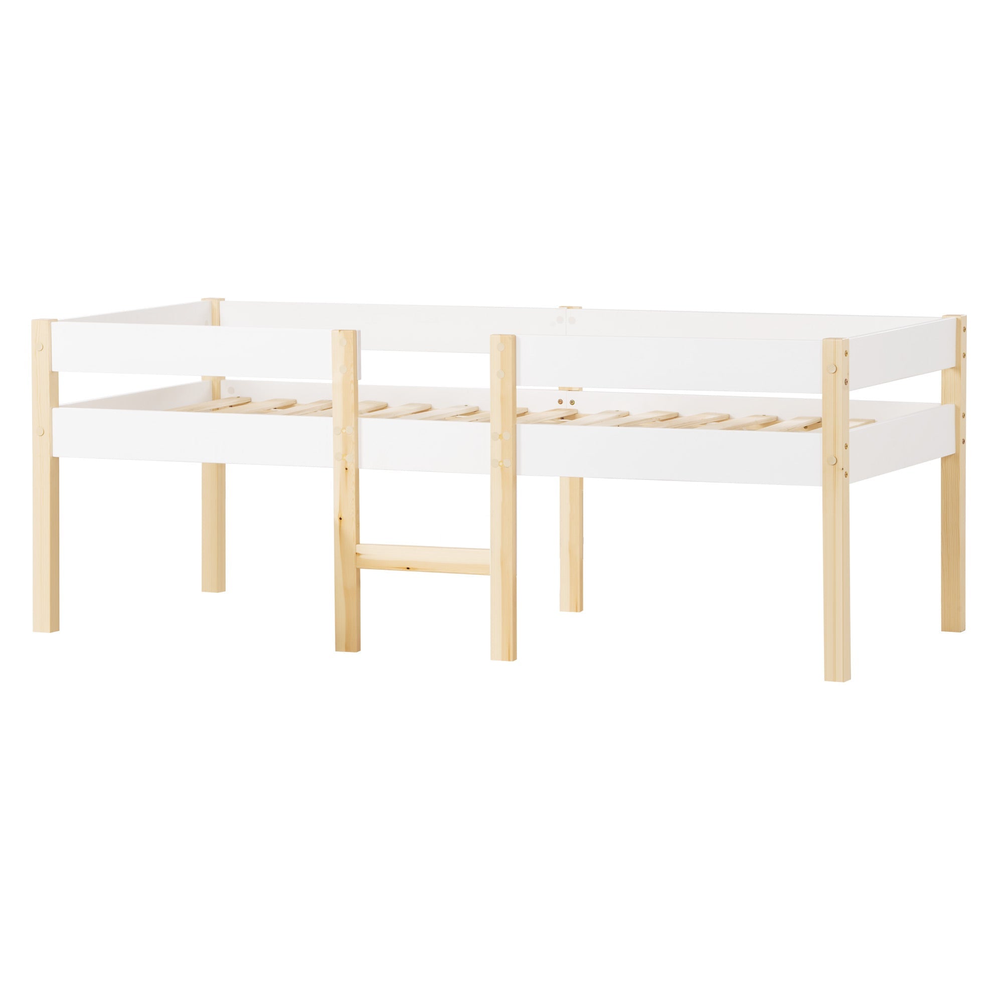 Children's bed with fall protection, 90x190 cm, solid pine wood, white & oak