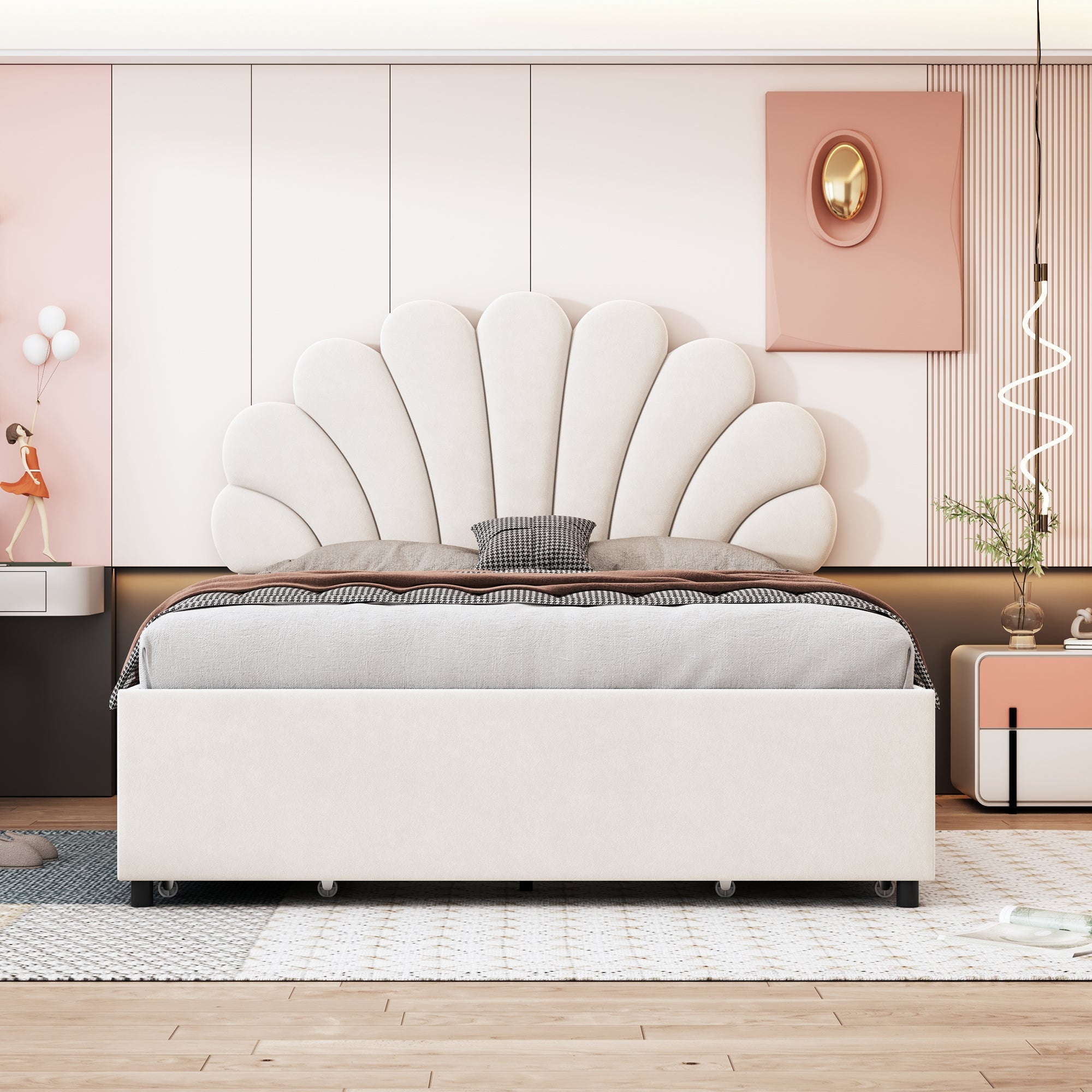 Upholstered Bed, 140x200cm Flower Headboard, Storage, Velvet Beige