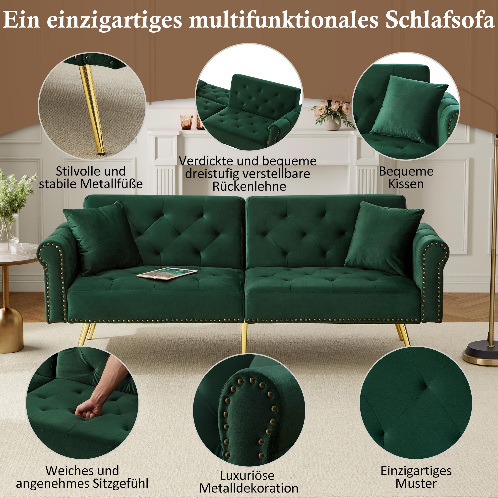 Sofa Bed, 2-Seater Adjustable Backrest Space-Saving, Velvet