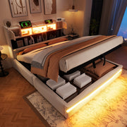 Upholstered Bed 160x200cm Hydraulic Storage Headboard with USB-C & LED Lights Beige