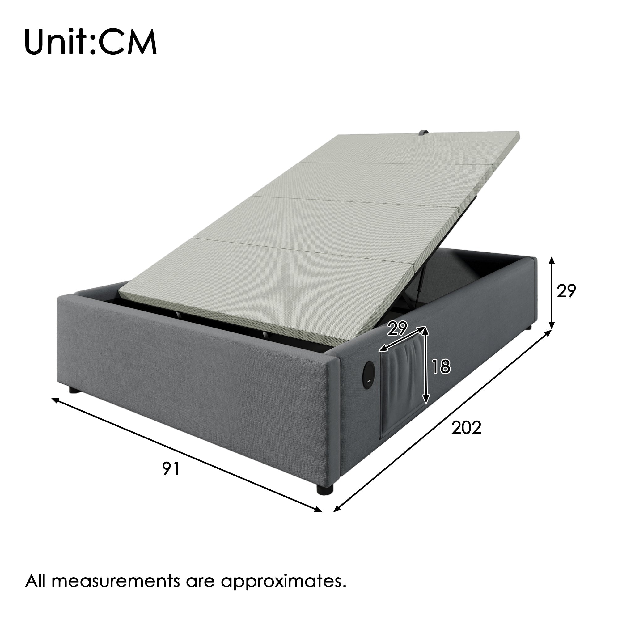 Upholstered Single Bed, 90x200cm USB-C Slatted Frame, Cotton Grey