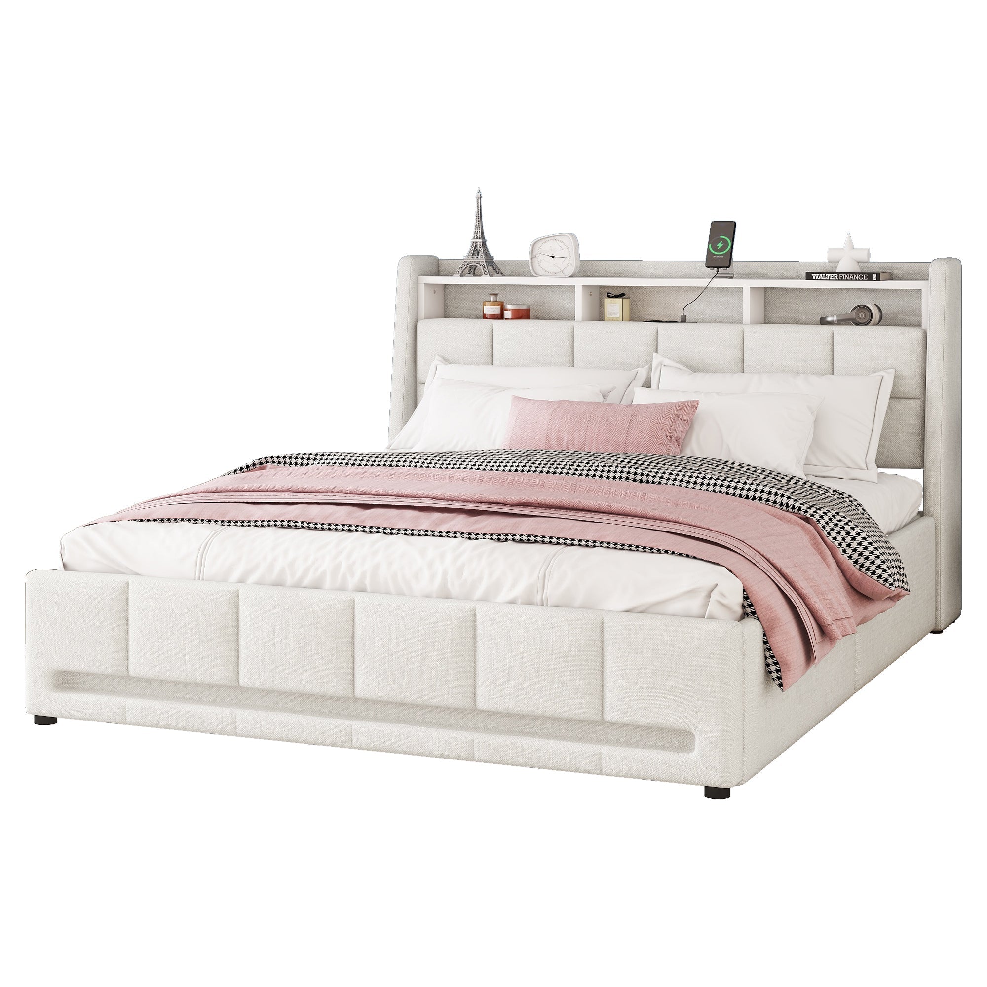 Upholstered Bed 160x200cm LED App Control Drawers USB Storage - Linen Beige