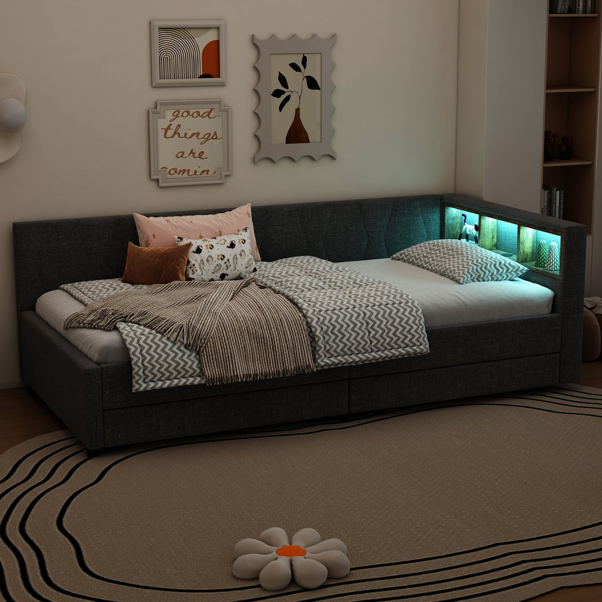 Daybed Sofa Bed 90x200cm Storage Compartment USB/Type C Two Drawers Linen Grey