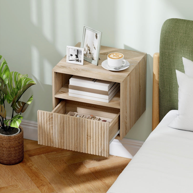 Nightstand Handleless Wall-Mounted Drawer & Open Compartment Light Brown
