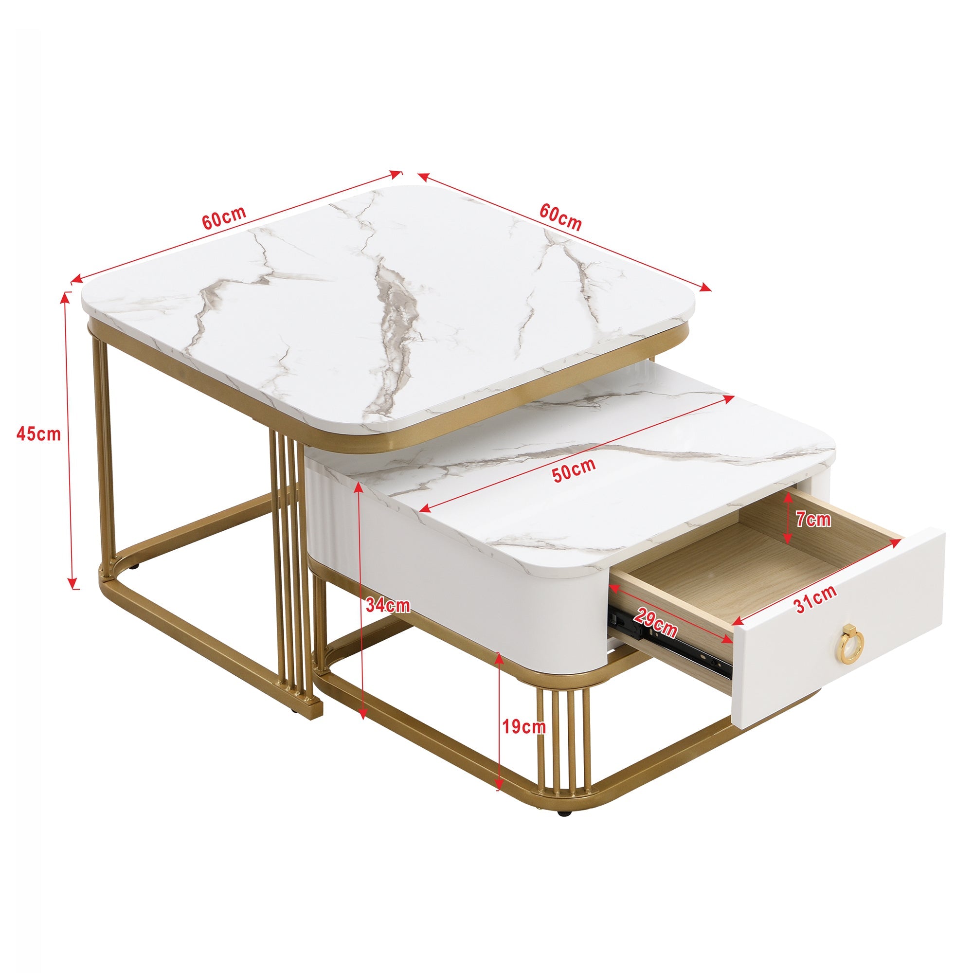 Stackable Coffee Table: Marble Look, Gold Accents, Two-Piece Set
