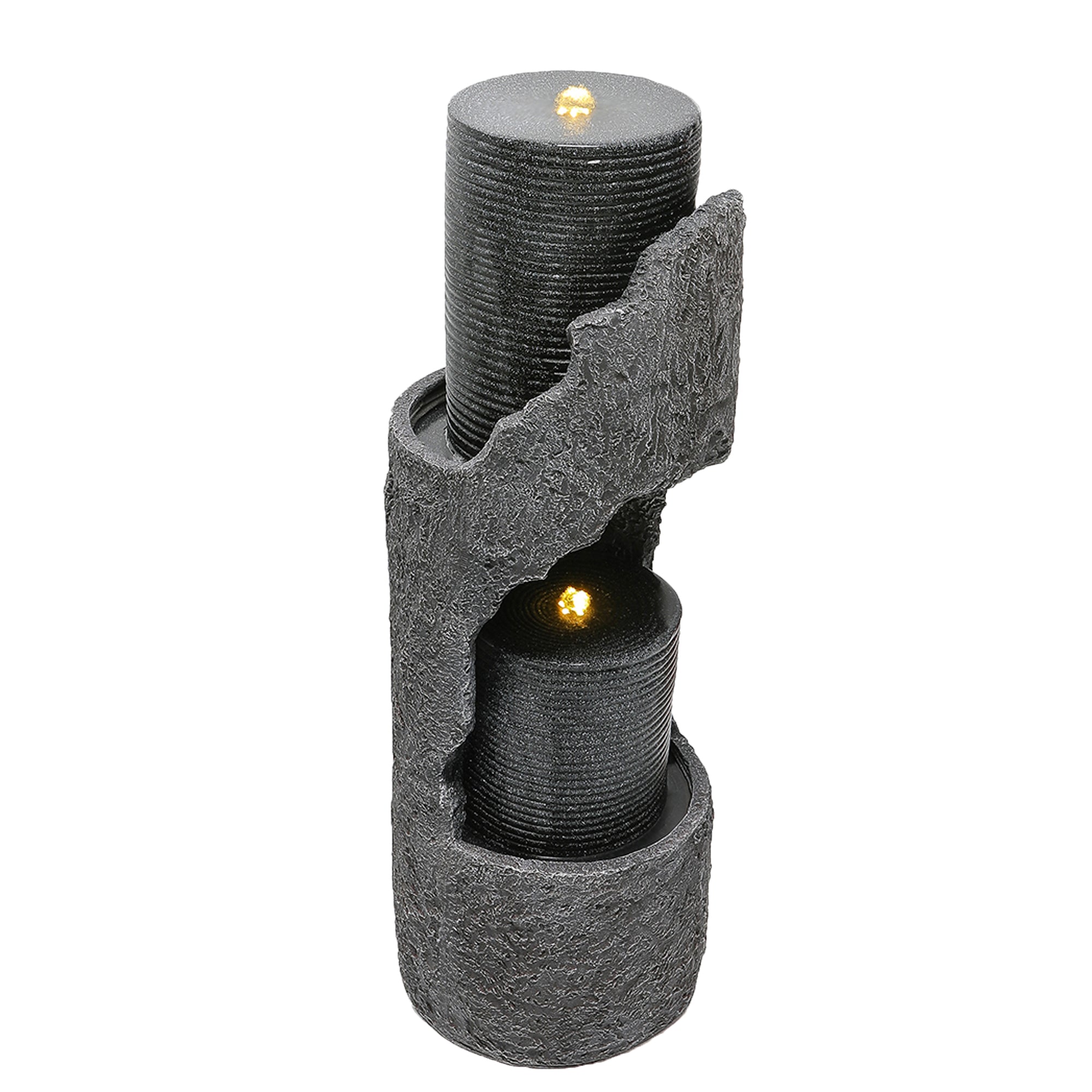 Garden Fountain with LED Lighting, Water Pump and Decorative Basin, Grey Artificial Stone