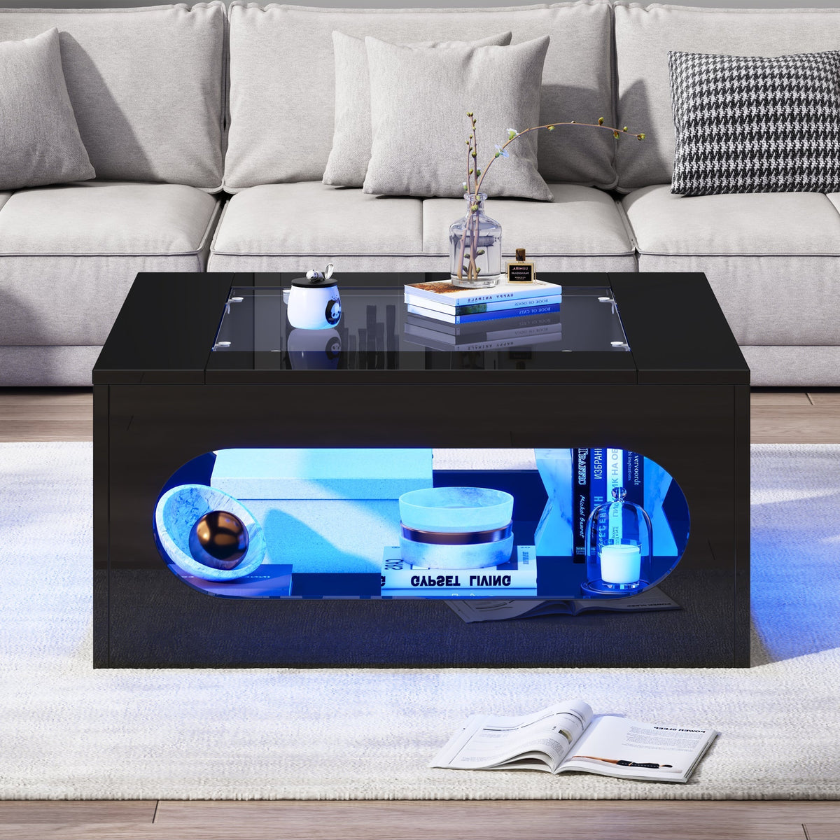 Coffee Table 70x70x35cm Square Hollowed-Out Tempered Glass LED High-Gloss Black MDF