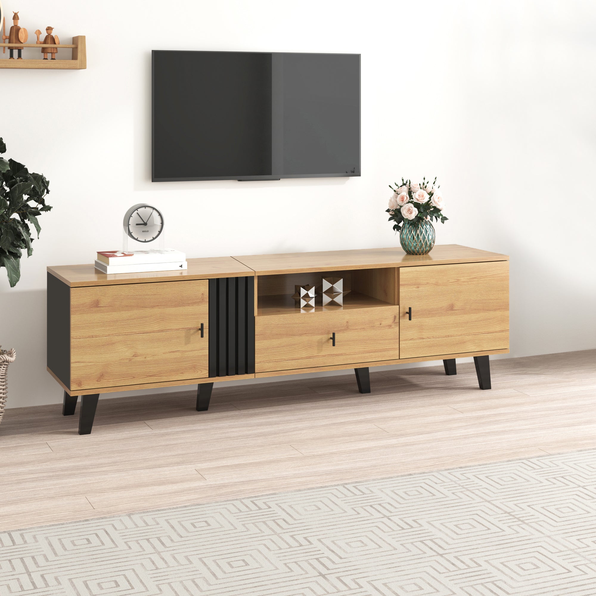 Stylish Elegance TV Cabinet, 170 cm Lowboard with Drawers, Wood and Black