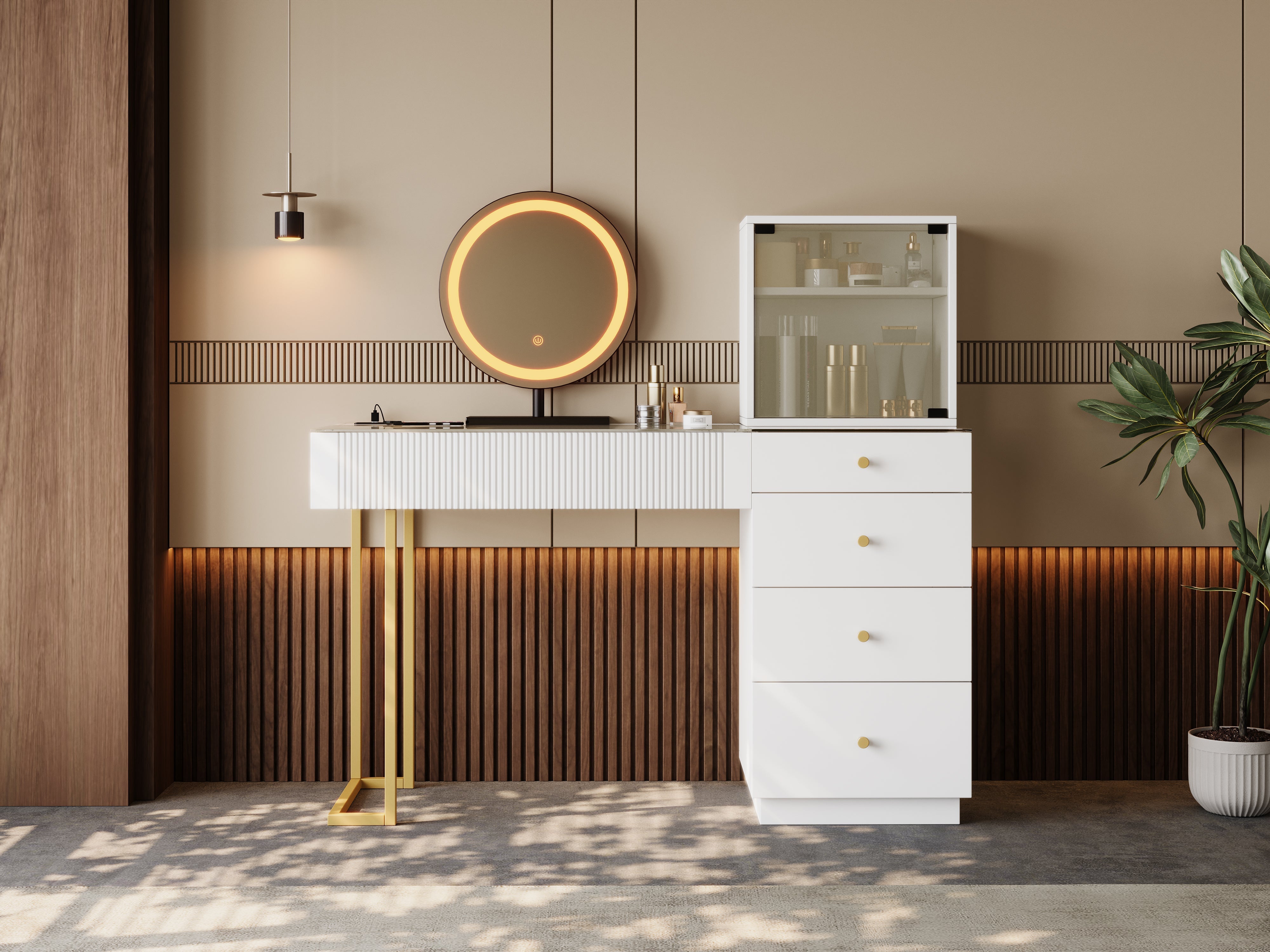 Dressing Table Set with LED Mirror and Glass Top, White