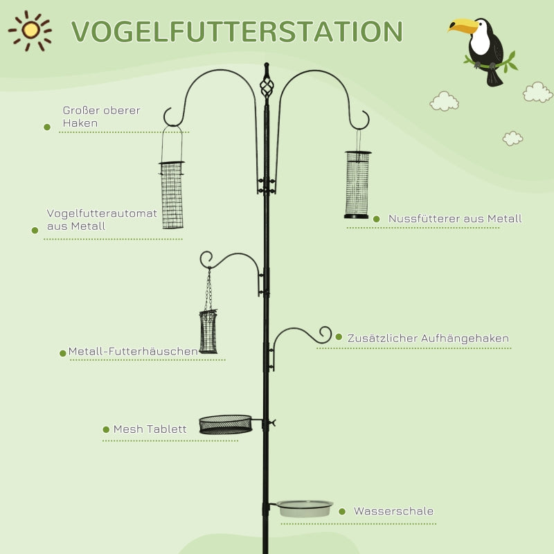 Vogel-Futterstation, 208 cm, 4 Haken, Vogelbad, Stahl, Schwarz