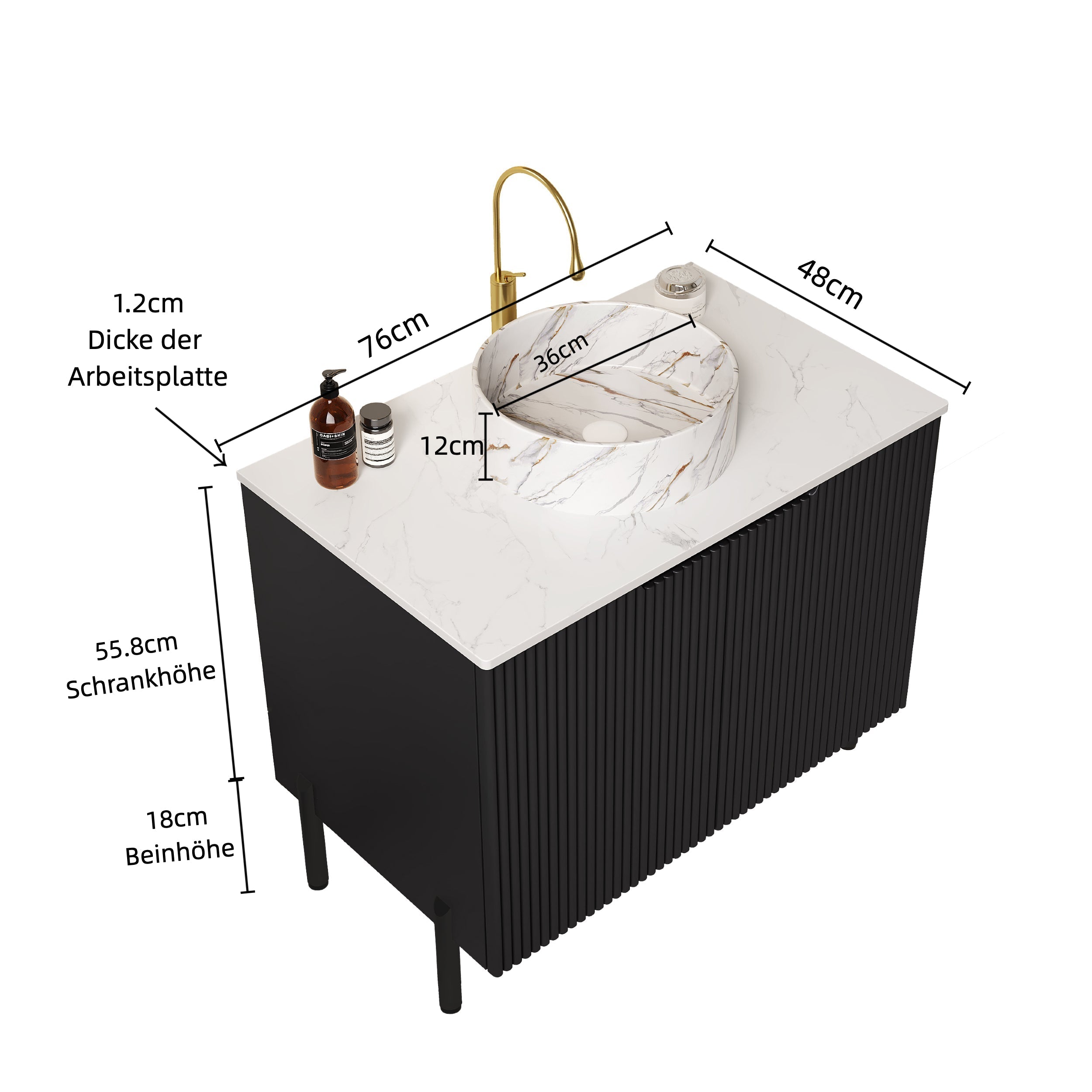 TURIO 76cm Freestanding Bathroom Vanity Unit with White Ceramic Basin and Double Doors, Black Finish
