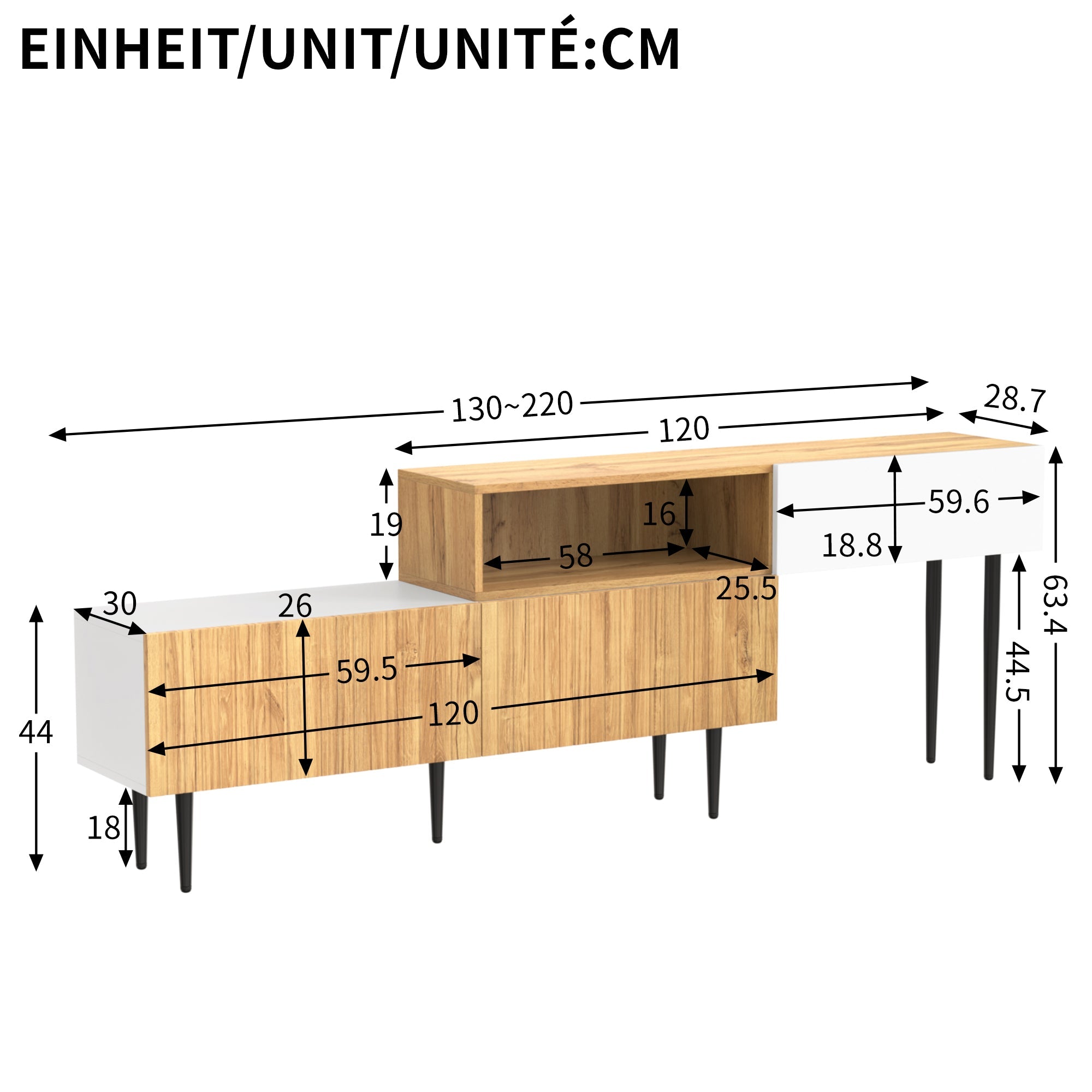 Modern TV Cabinet, adjustable length, modular 2-piece, wood look + matt white, black metal legs