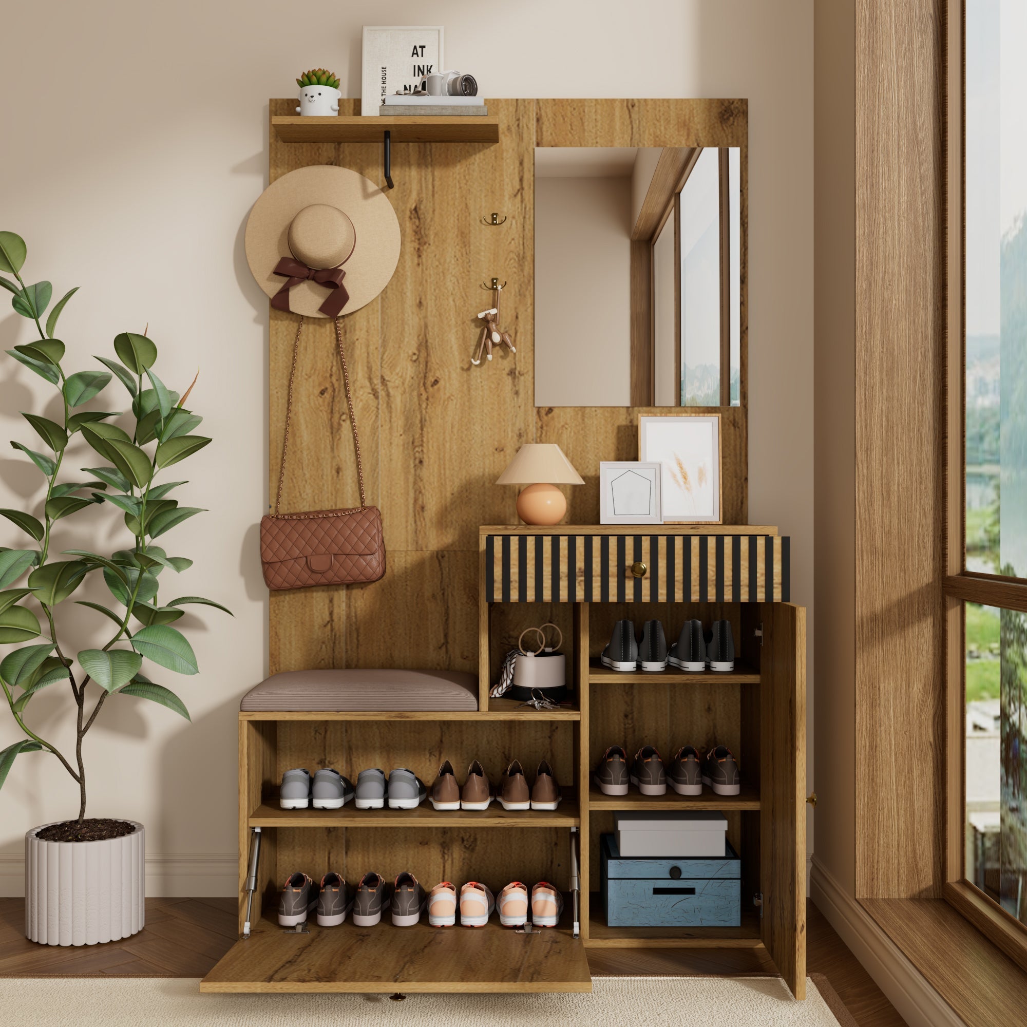 Wardrobe Set, Hallway Mirror Cushion Shoe Cabinet, 110x185.5x37cm