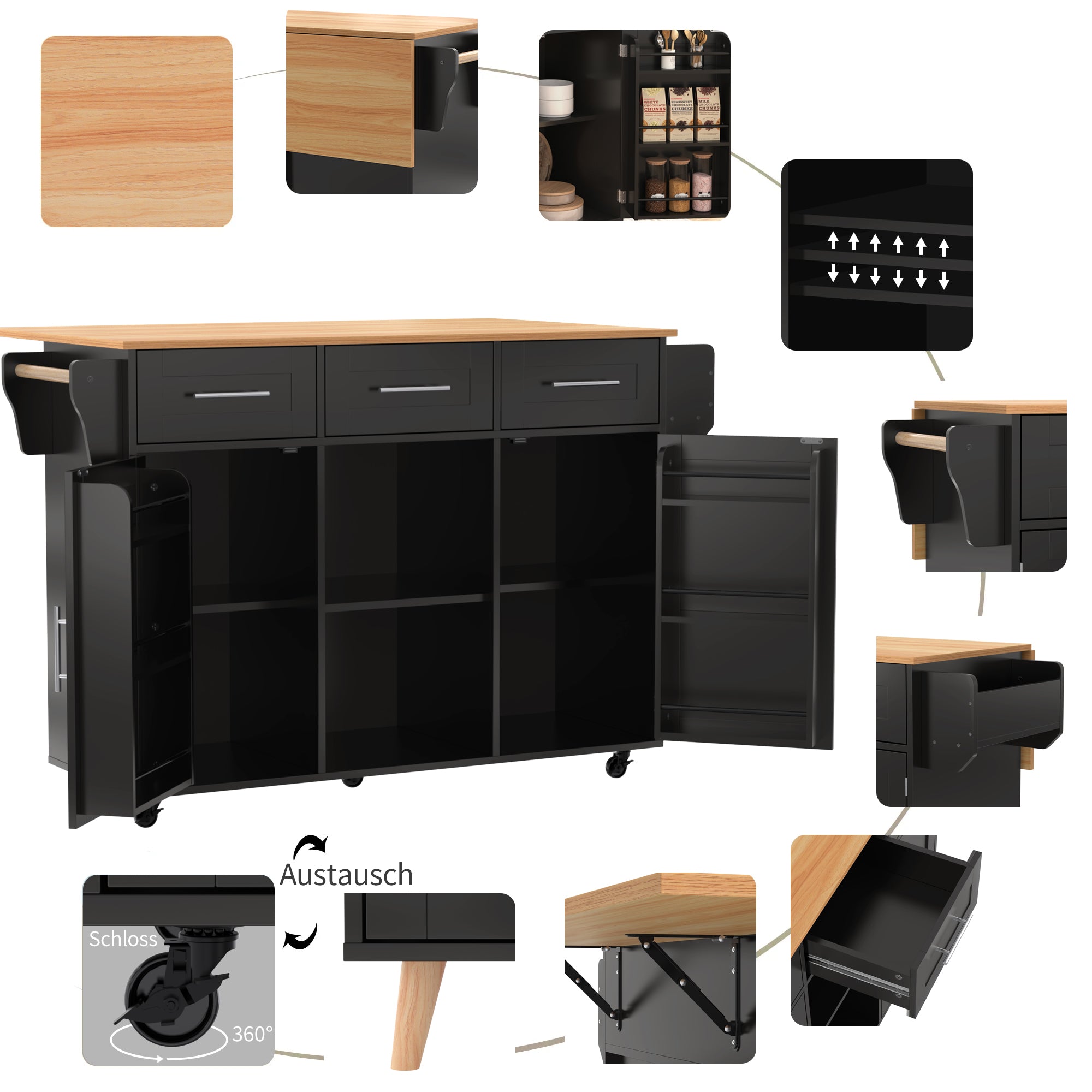 Dining Trolley/Sideboard with Fold-Down Worktop and Storage Casters, Black Solid Wood Grain