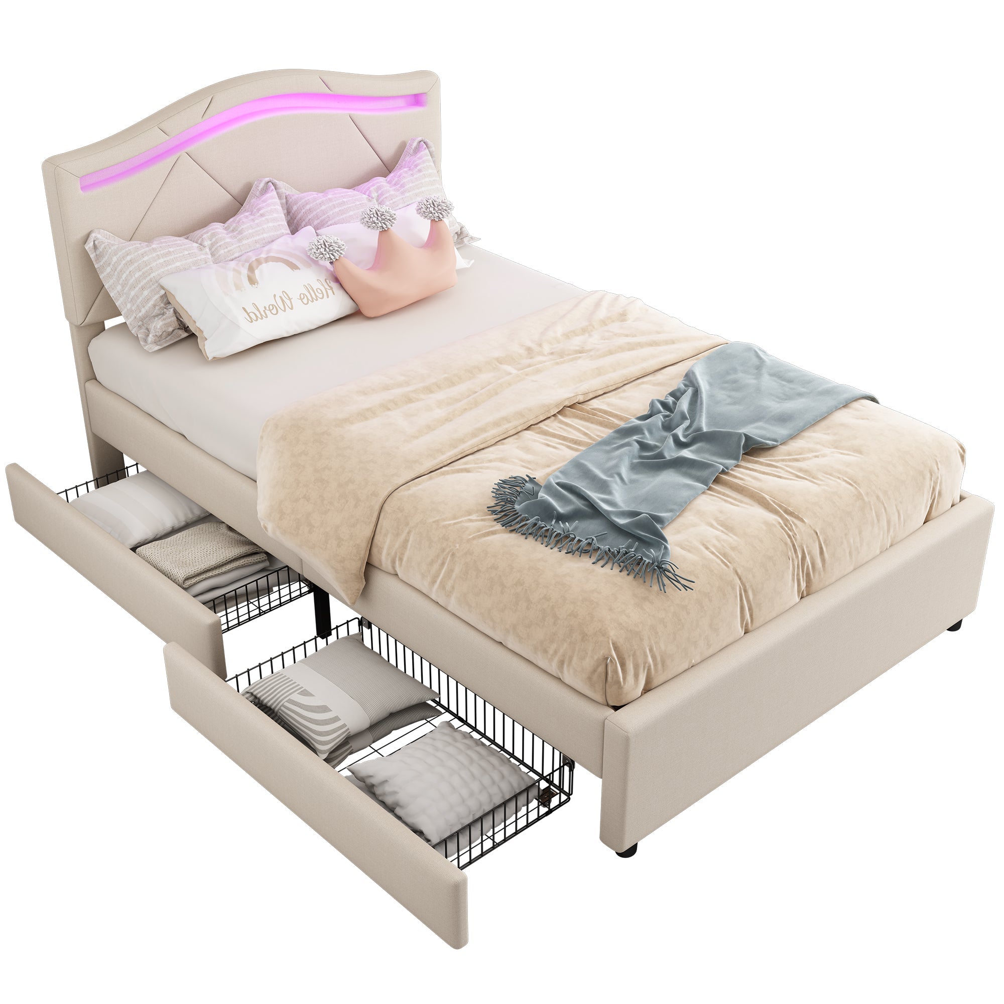Upholstered Bed 90x200cm LED Lights 2-Drawer Adjustable Headboard Beige Linen