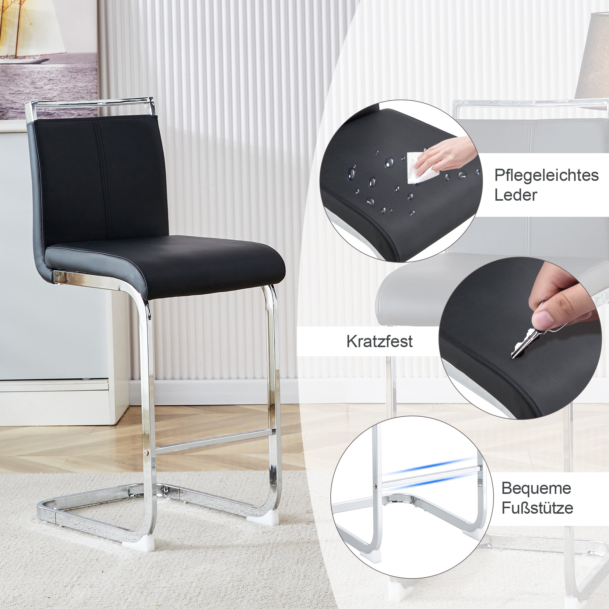 Bar Stools, Nordic Style, Set of 2, Black PU