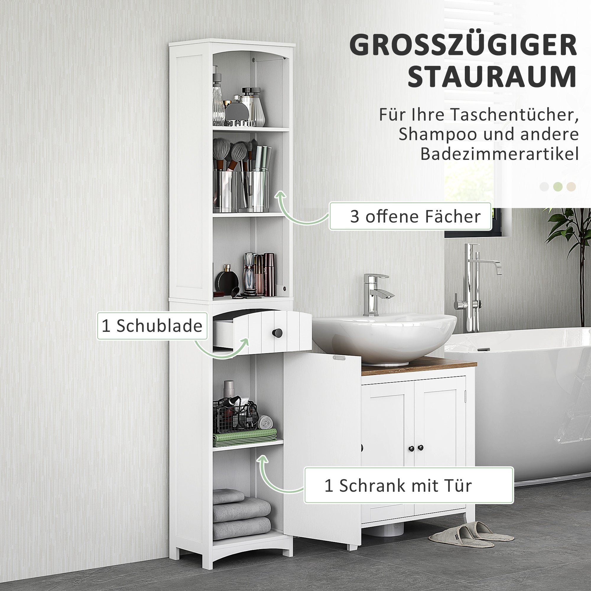 Badezimmerschrank, hoch mit 3 Ablagen, 1 Schublade, weiß