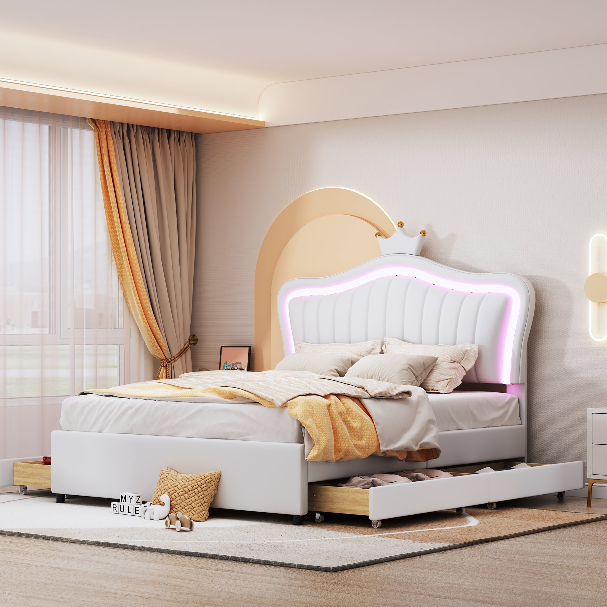 Children's Bed Upholstered with Storage Drawers & LED Lights, White PU Leather